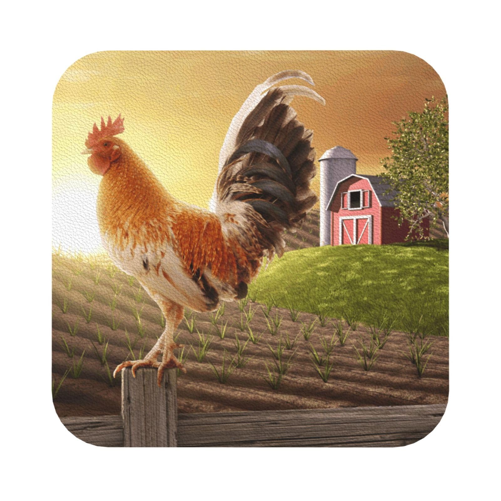 Rooster on Wood in Farmland PU Leather Coasters Set of 6 Square Drink Coasters
