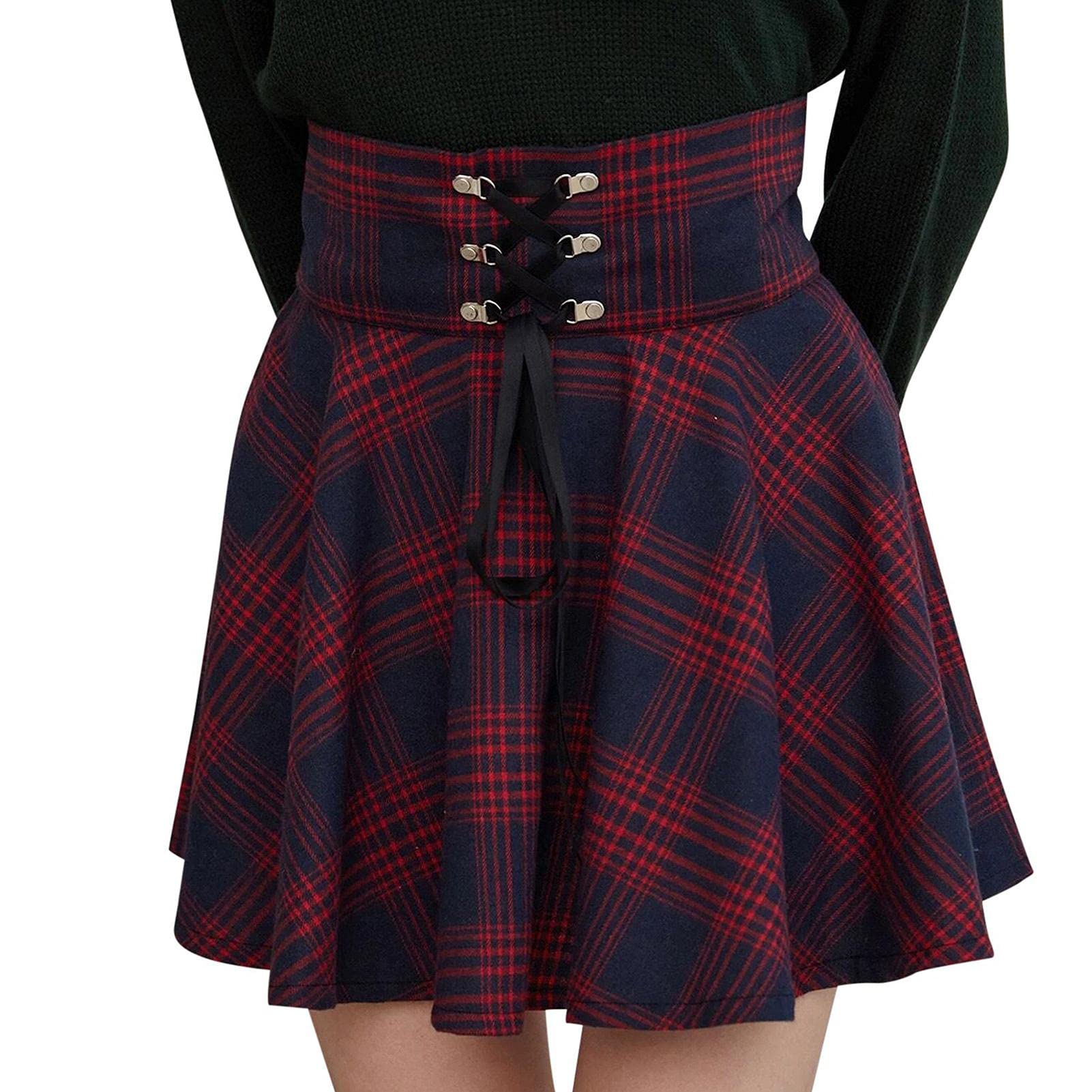 Y2K - Gonna da donna, a vita alta, corta, svasata, stile gotico, a quadretti, colore nero e rosso, a pieghe, adatta per adulti e bambini