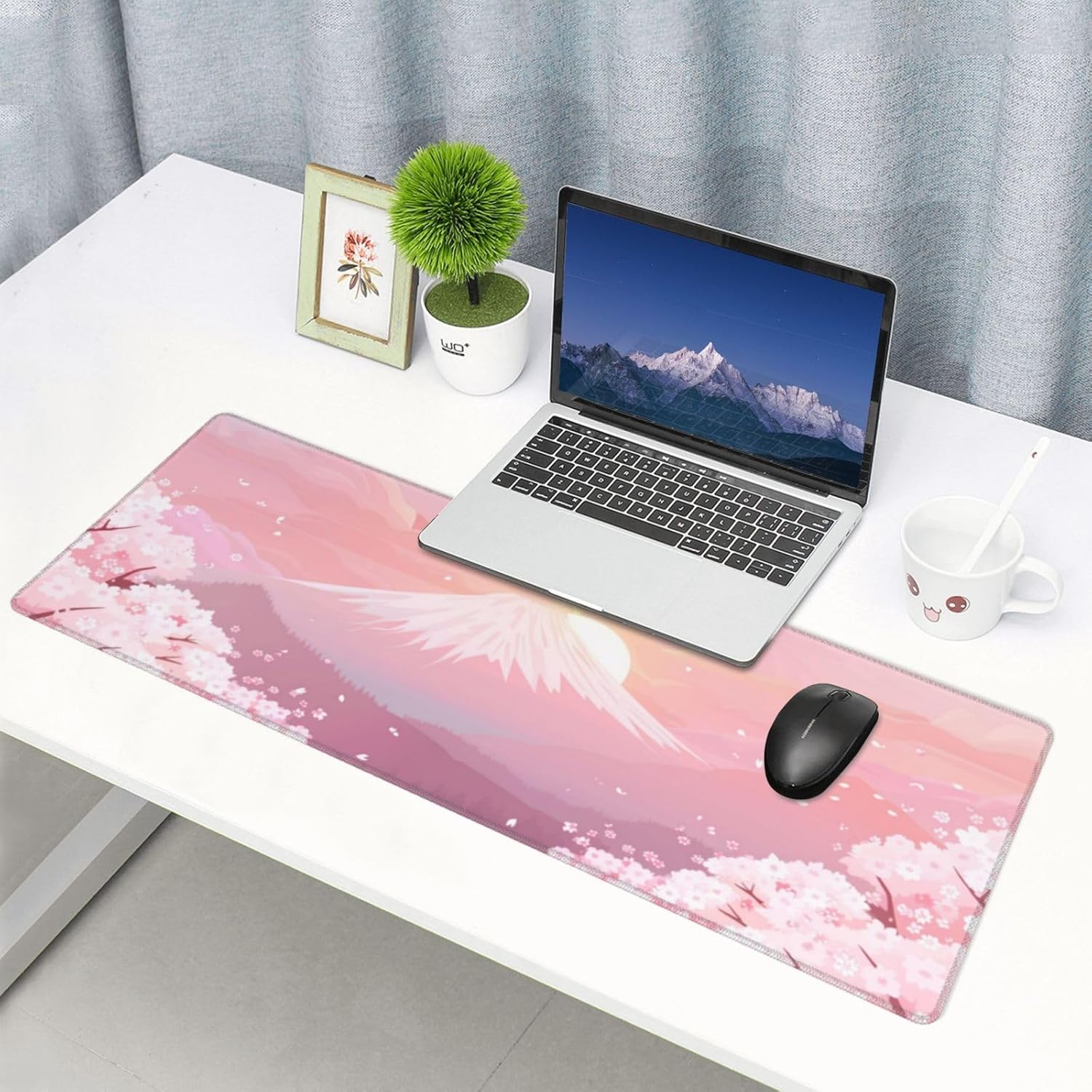 Japanese Cherry Blossom Mount Fuji Mousepad Large Gaming Mouse Pad 31.5x12 INCH Mouse Mat Large Desk Mat Pad Extended Keyboard Mousepad with Non-Slip Base and Stitched Edge