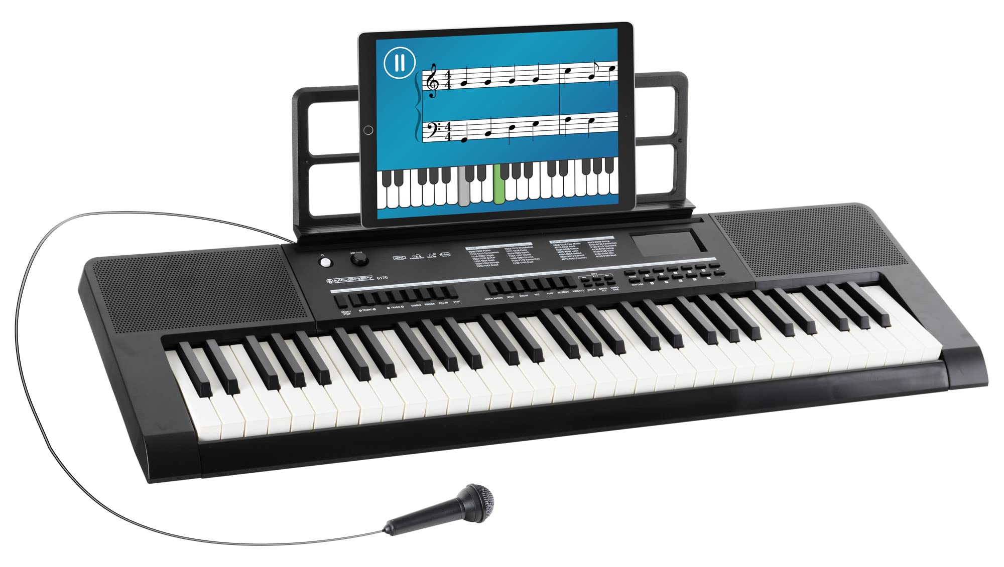 McGrey 6170 Akku-Keyboard Schwarz Safety Fix Set, LC-Display, 200 Sounds | Einsteiger-Keyboard mit 61 Tasten in Standard-Größe, Integrierter Li Ion-Akku mit 1200 mAh, 200 Rhythmen, 70 Demo Songs, 5 cm