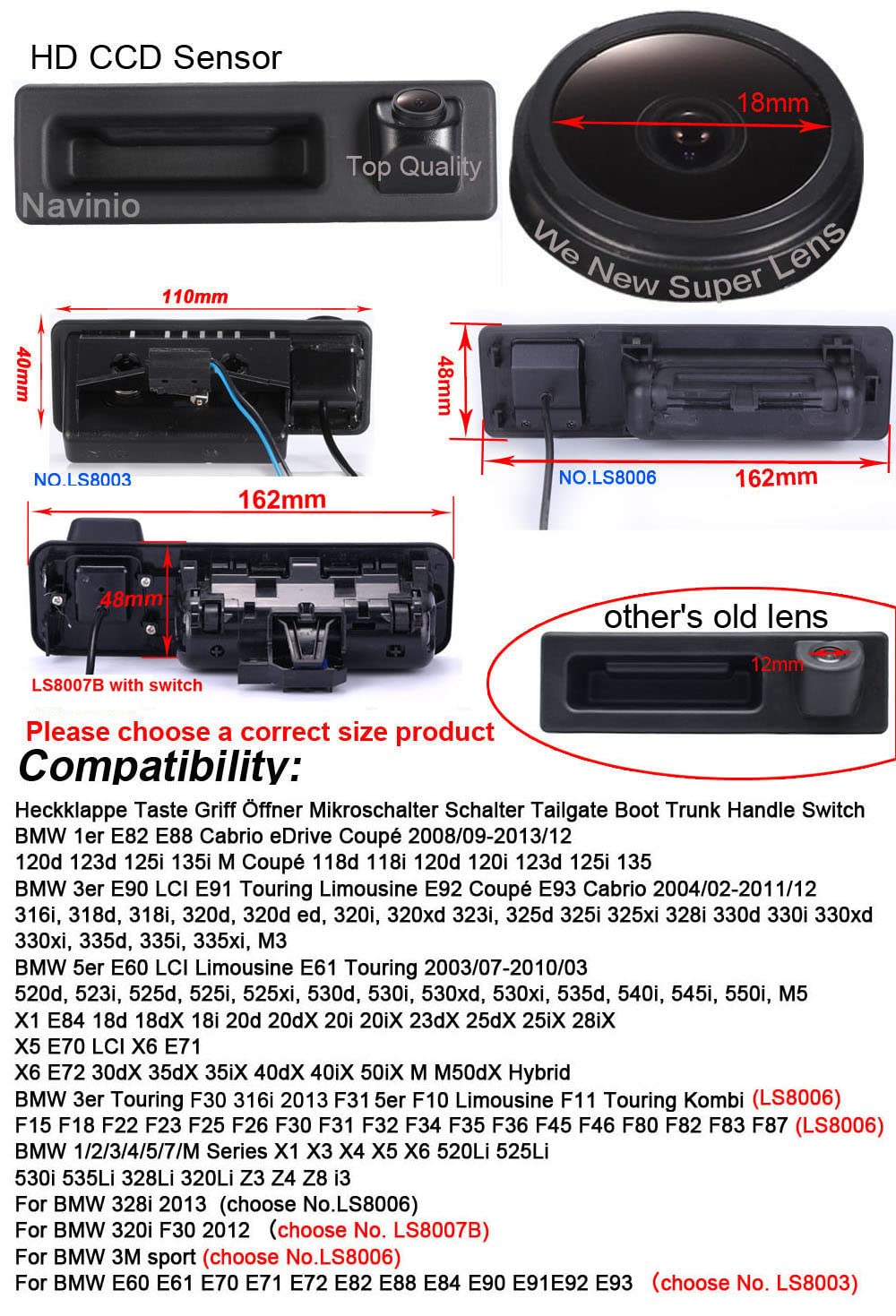 Kalakus Telecamera Posteriore Per Auto – Maniglia Bagagliaio Con 8 LED, Visione Notturna, 170° HD, Impermeabile IP67, Per Audi A6L/Q7/A3/A4 E VW
