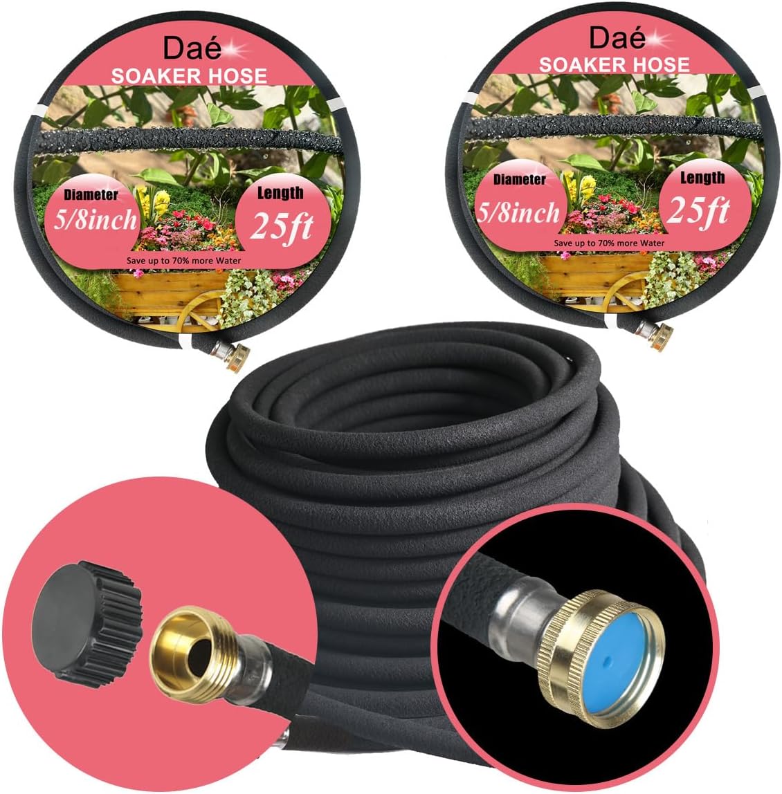 Daé Rubber 3 pack Soaker Hose, 5/8 inch, 25ft Garden Hose for Irrigation,Water-Saving up to 70%, Aluminium Connector Leak-Proof, Heavy-duty Hose, Watering for Trees,Lawns, Vegetables and Flowers.
