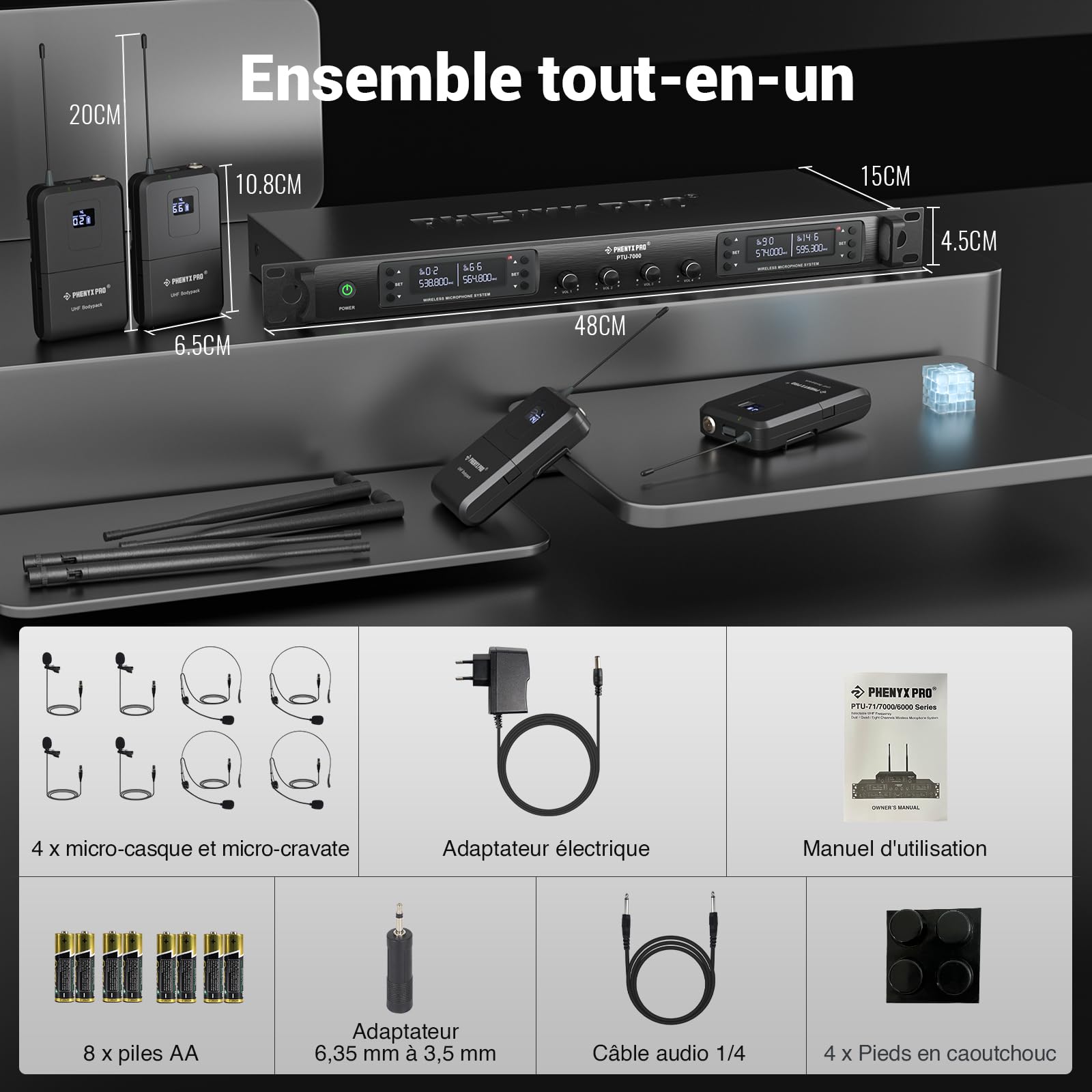 Phenyx Pro Système de Microphones sans Fil UHF 4 Canaux PTU-7000-4B