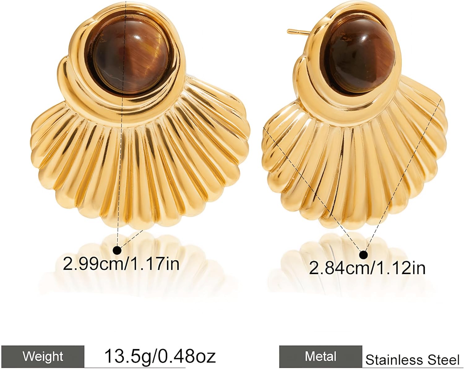 Tiger Eye Earrings for Women, 18K Gold Plated Chunky Statement Earrings, Vintage Fan - Shaped Fashion Jewelry - Image 7