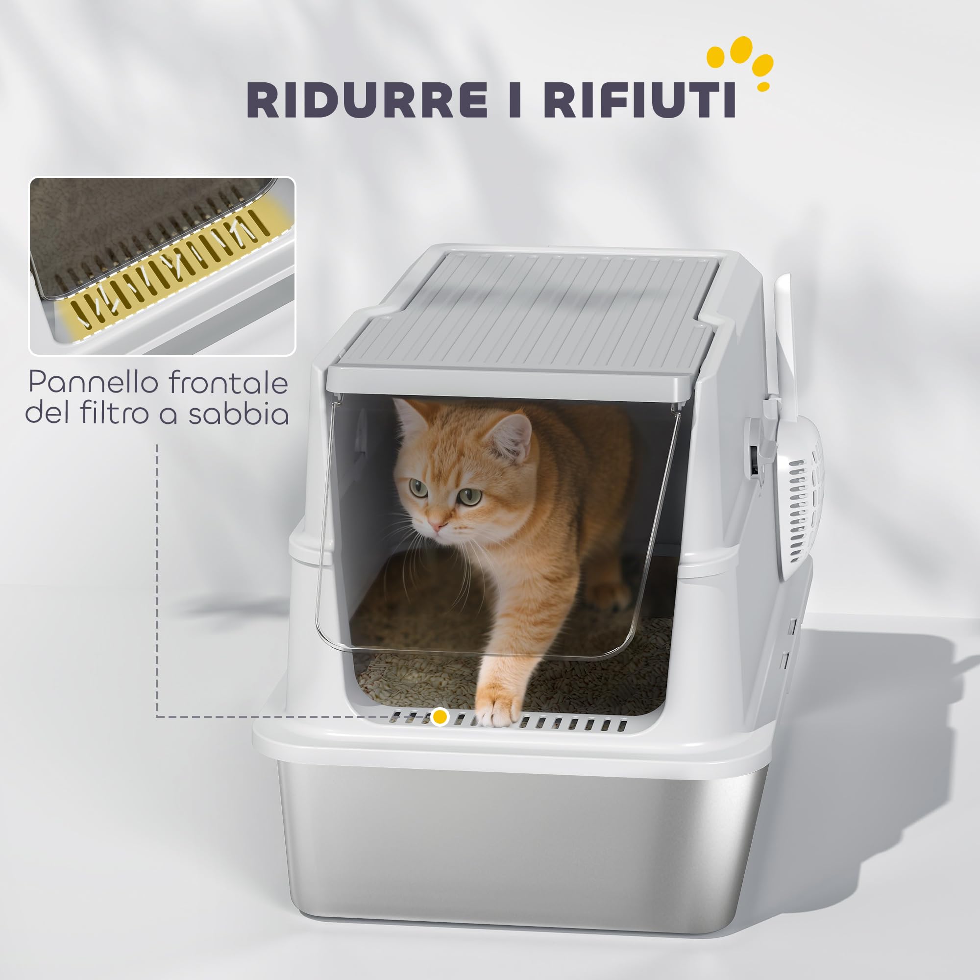 PawHut Lettiera per Gatti XL in Acciaio Inox con Coperchio Grigio Chiaro | Lettiera Chiusa, per Gatti Grandi, con Paletta, Coperchio Ribaltabile, Deodorante