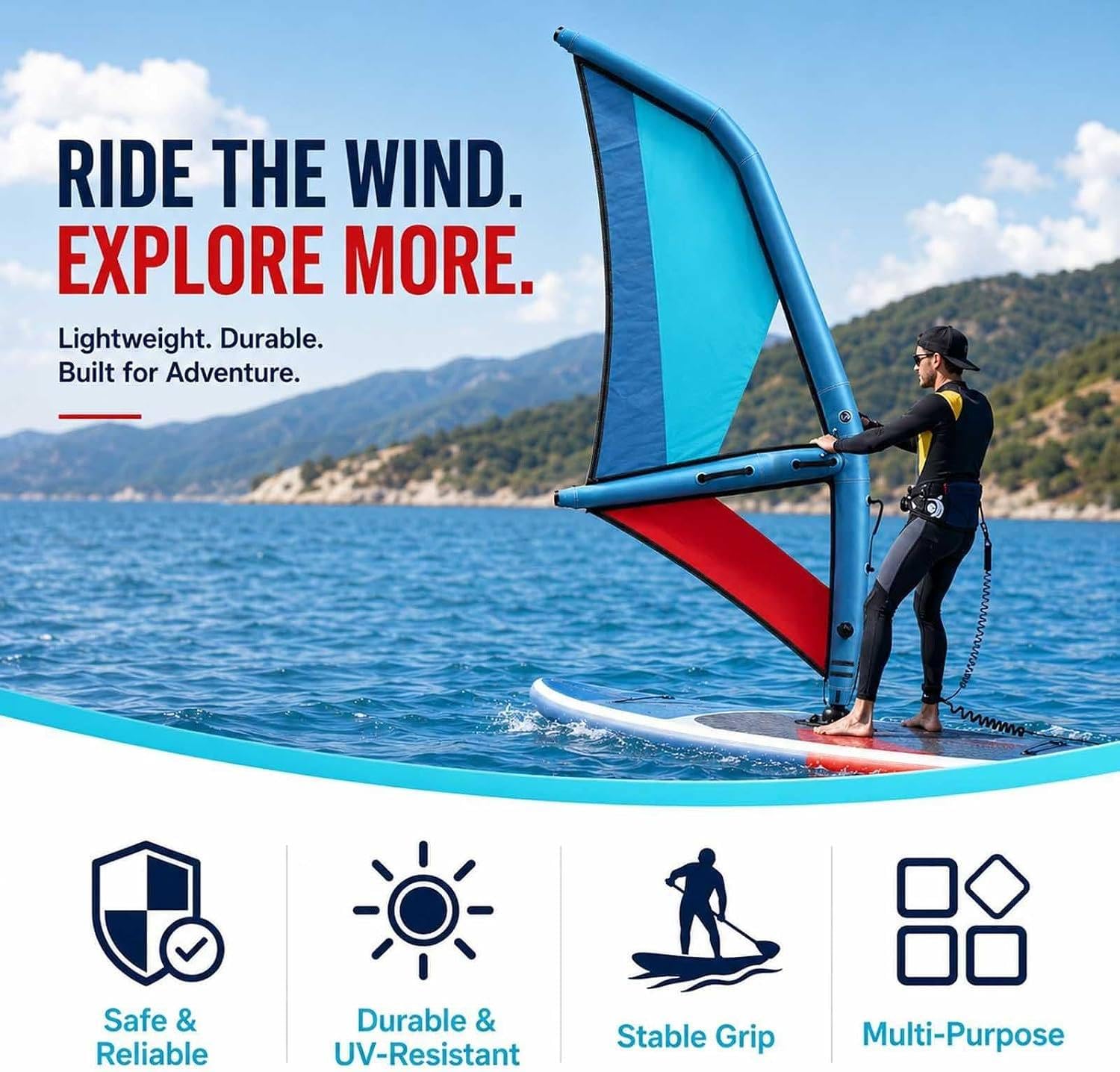Vela Sup Portátil con Doble Cámara y Ventana Transparente 2.2m | Elige 2,2, 3,2, 4,2 O 5,2 M²; Base Articulada, Bomba, Mochila Y Leash; Tabla De Paddle Surf No Incluida, Para Windsurf