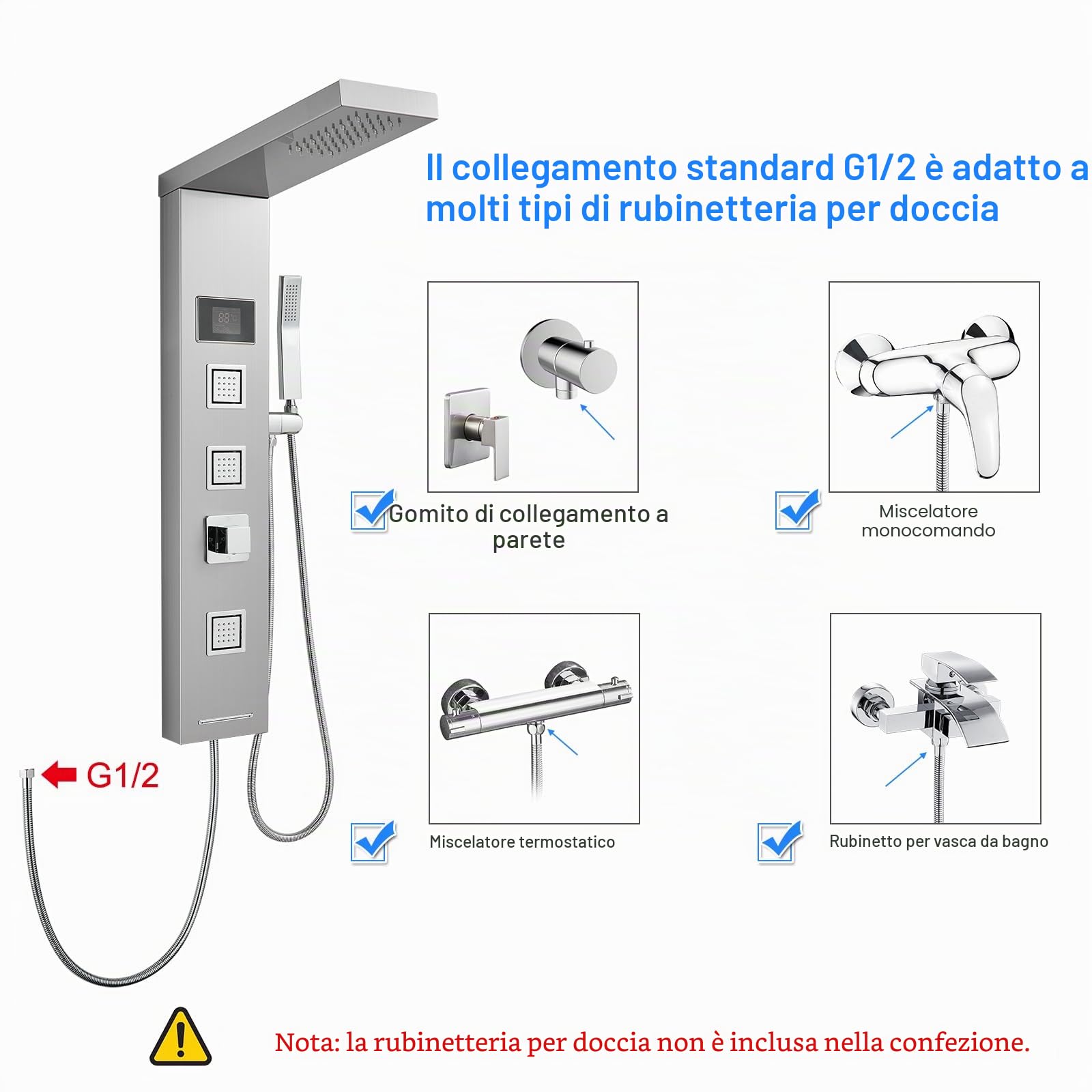Pannello doccia a LED senza rubinetto, pannello doccia a 4 funzioni, con doccia a pioggia, 3 getti massaggianti, doccetta e beccuccio per vasca da bagno, colonna doccia in acciaio inox 304