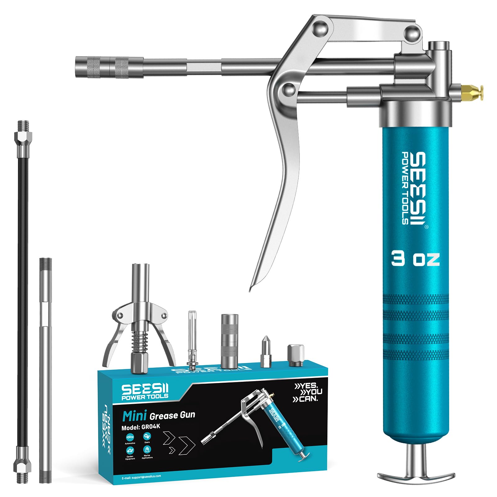 Seesii Mini prasa smarowa 4000 psi, zestaw małych pras smarowych z wężem elastycznym, 4 złącze, rura przedłużająca, kompaktowa i zabezpieczona przed wyciekiem, do motocykli, samochodów, maszyn