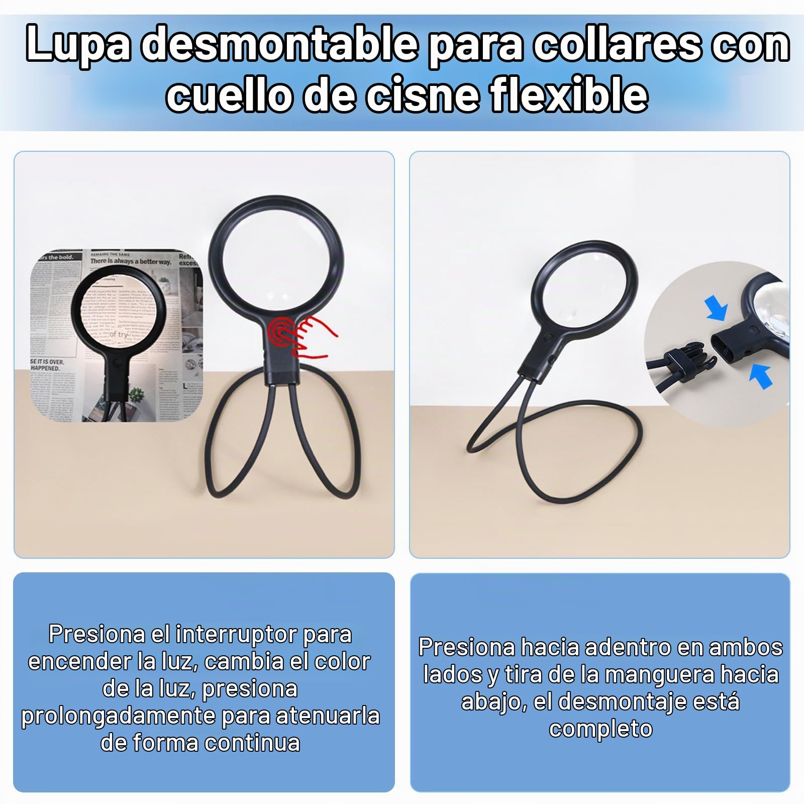 Cuteefun Lupa 5X/15X con Luz, Lupa Lectura de Cuello Manos Libres | 3 Modos Color, Brillo Ajustable, Lupa de Cuello de Cisne Flexible Recargable para Mayores, Costura, Reparaciones, Leer libros