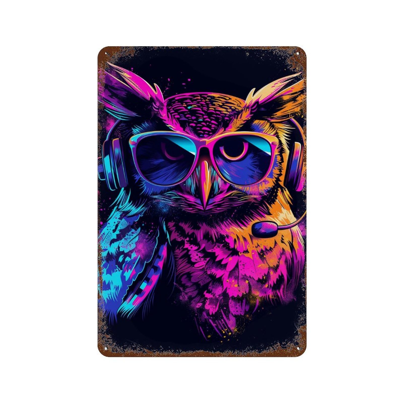 Colorful Neon Owl Art Print Weathered Tin Sign 11.8"x7.9", for Patio, Garden Room And Bar Decor, Farmhouse Wall Decor