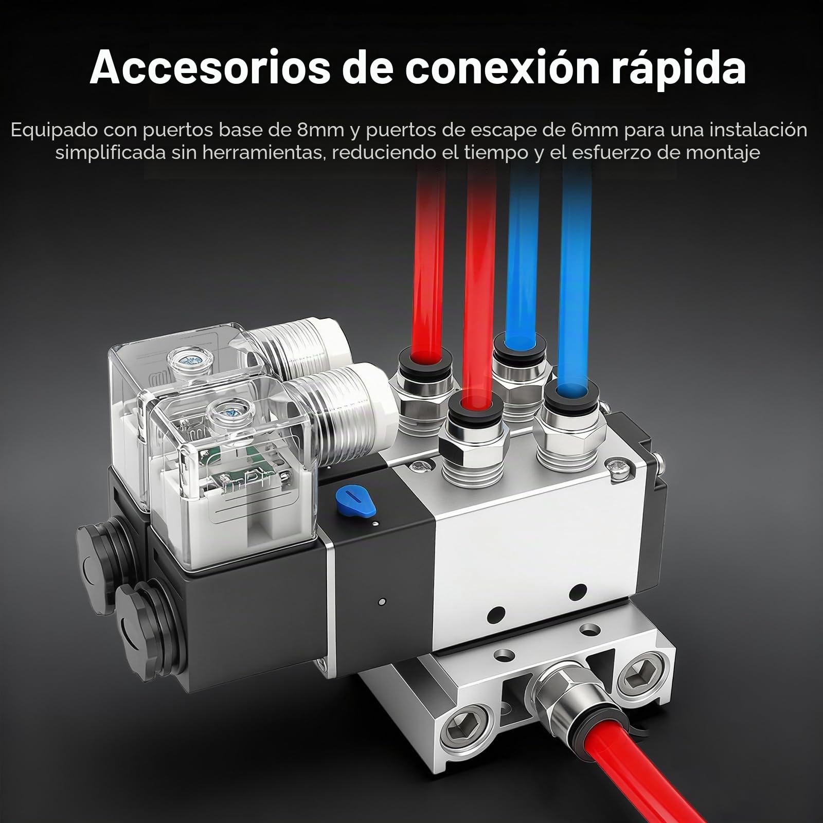 BAOMAIN Bloque de Válvulas Solenoides Neumáticas 4V210-08, 6 Estaciones, 5 Vías 2 Posiciones, 24V DC, Puerto 1/4" PT, Colector de Aire con Silenciadores y Conectores Rápidos, Control Industrial