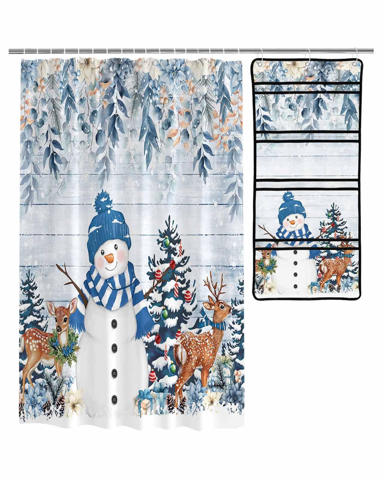 Decorative Shower Curtain Sets Christmas Blue Snowman Fabric Shower Curtains Snowflake Winter Xmas Tree Eucalyptus Wooden Grain Mesh