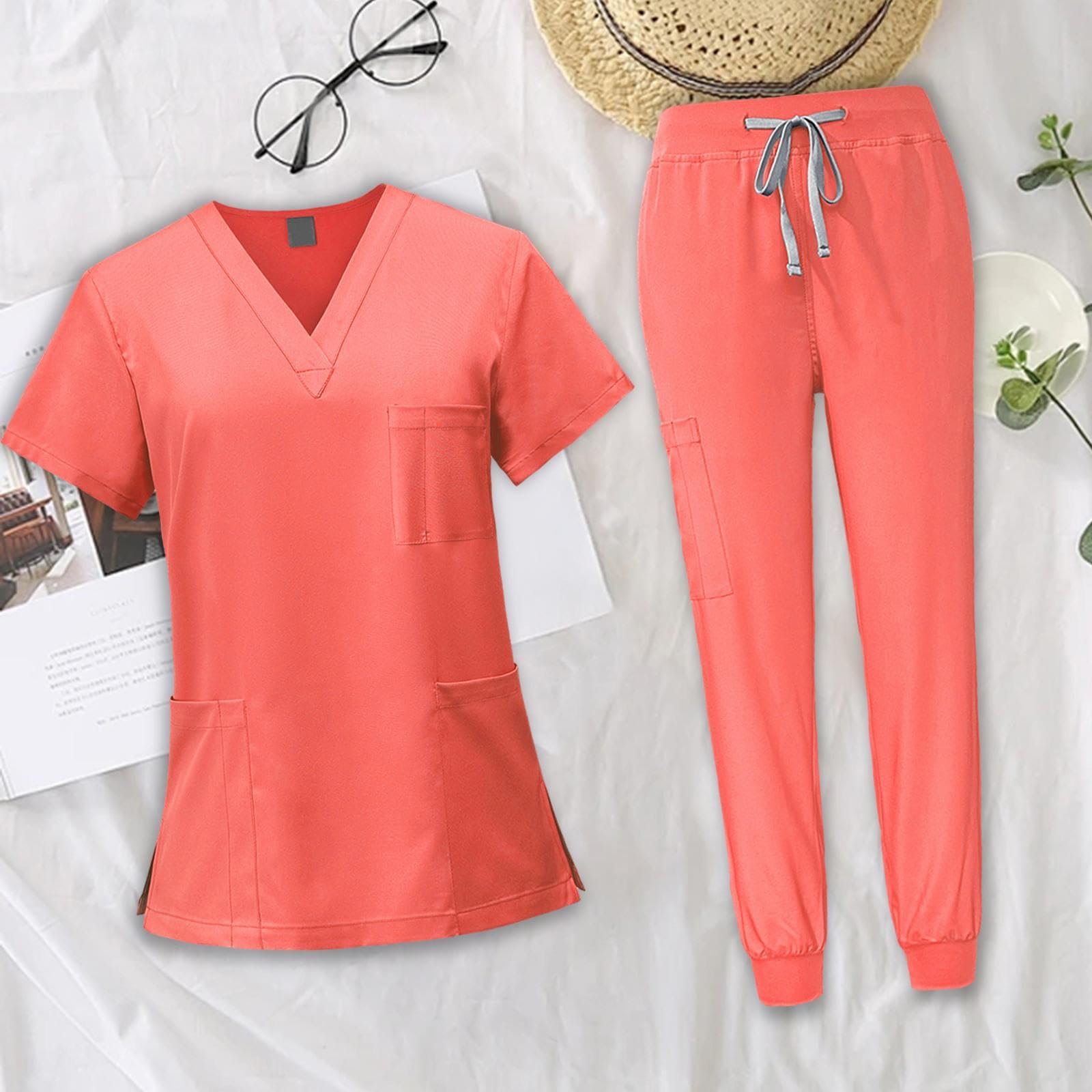 Oshhni Conjunto de uniforme médico para mujer, camiseta y pantalones de enfermera de manga corta, traje de trabajo de enfermería