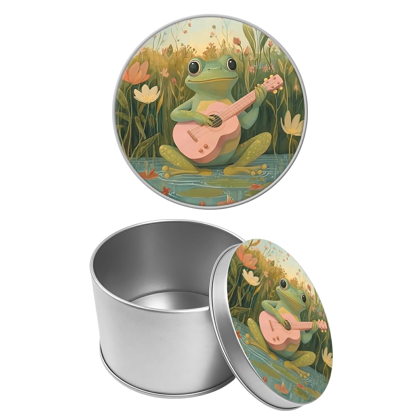 Round Metal Tin Container with Removable Lid, Frog Guitar Durable Metal Storage Box for Cookies Spices Tea Candies Cakes Jewelry Cosmetics 3.54 x 2.36 inch– Single Pack