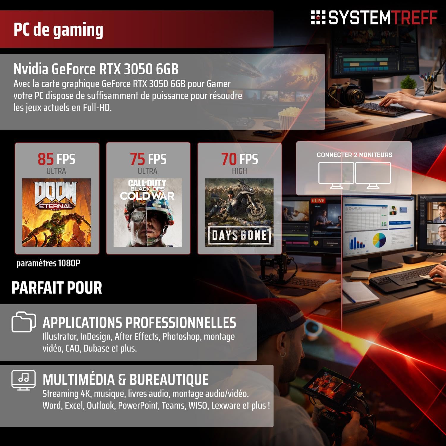 SYSTEMTREFF PC Gamer Basique - AMD Ryzen 5 5500 - RTX 3050 6Go