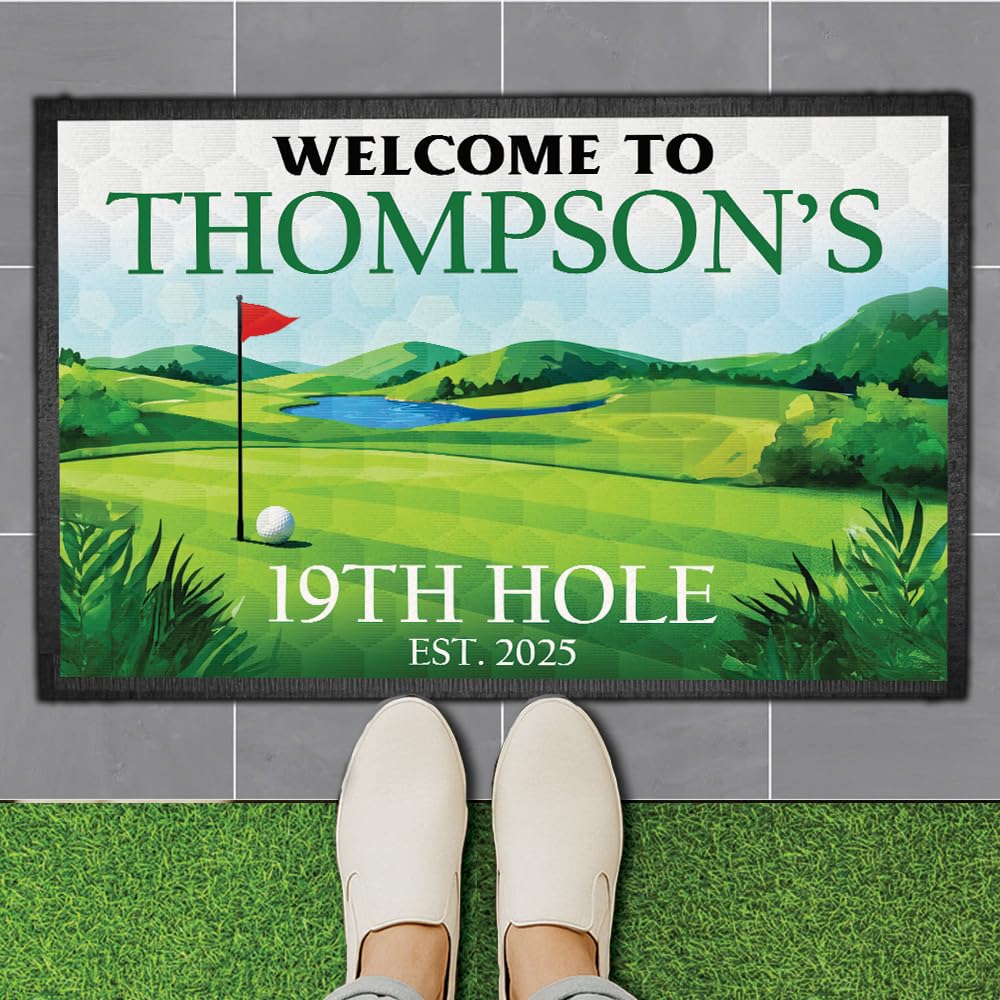Personalized Golf Doormat – Welcome Mat 19th Hole Mat with Custom Name &amp; Year – Non-Slip Outdoor Entrance Rug for Golf Lovers – Funny Clubhouse Patio Decor – Green Fairway Theme
