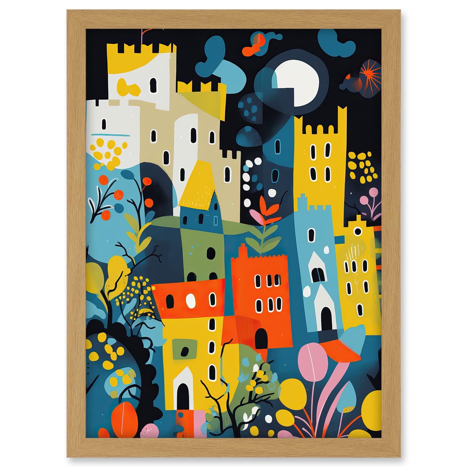 Artery8 Nottingham at Night Abstract Folk Art Cityscape Artwork Framed A3 Wall Art Print