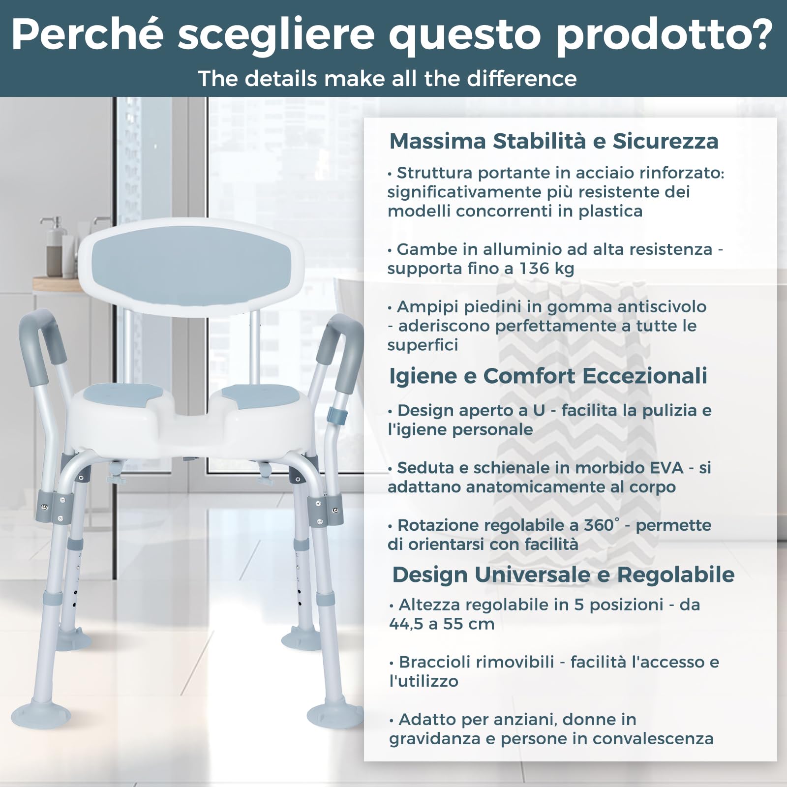 Sgabello Doccia Anziani Sedia da Doccia Girevole a 360° Altezza Regolabile Seggiolino per Doccia Anziani con Braccio Schienale