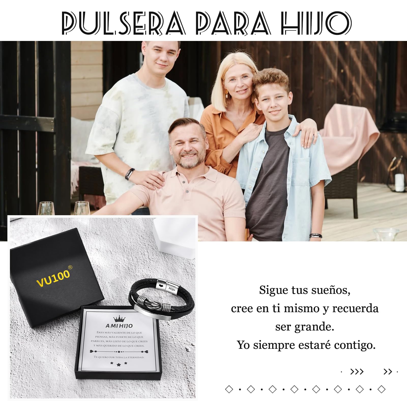 VU100 Regalo para Hijo/Hombre/Papá Pulsera de Cuero para Hombre Te Amo Pulsera Regalo inspiración Regalo de Cumpleaños para Hijo Papá Novio Esposo-Con Caja de Regalo