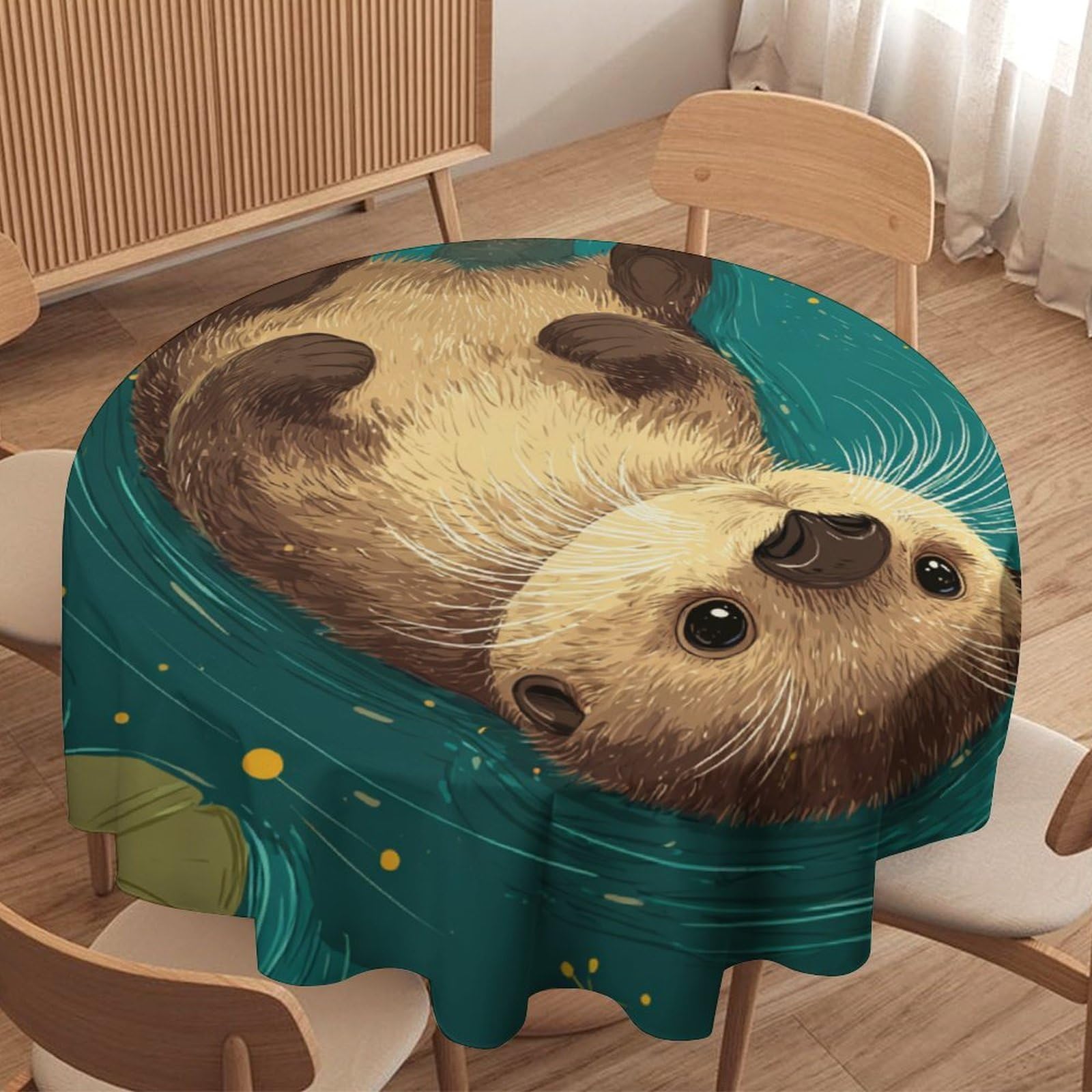 LUYYSKY Colorful Classic Cute Otters Waterproof Round Tablecloth Retro Watercolor Lotus Leaves Floral Animals Otters Pattern Washable Table Cover for Kitchen-177.8" Wx177.8 L cm