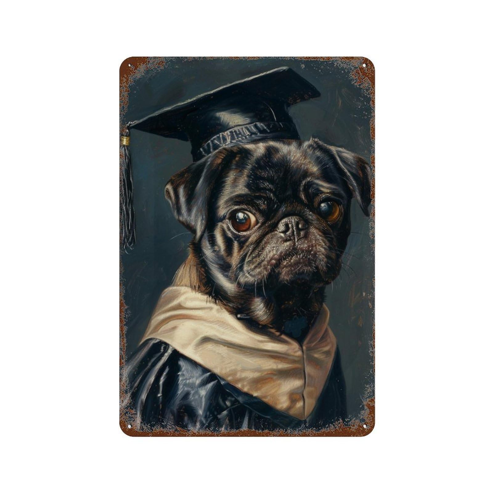 Graduation Pug Portrait Decorative Tin Sign 11.8"x7.9", for Farmhouse, Kitchen And Entryway Decor, Vintage Wall Decor