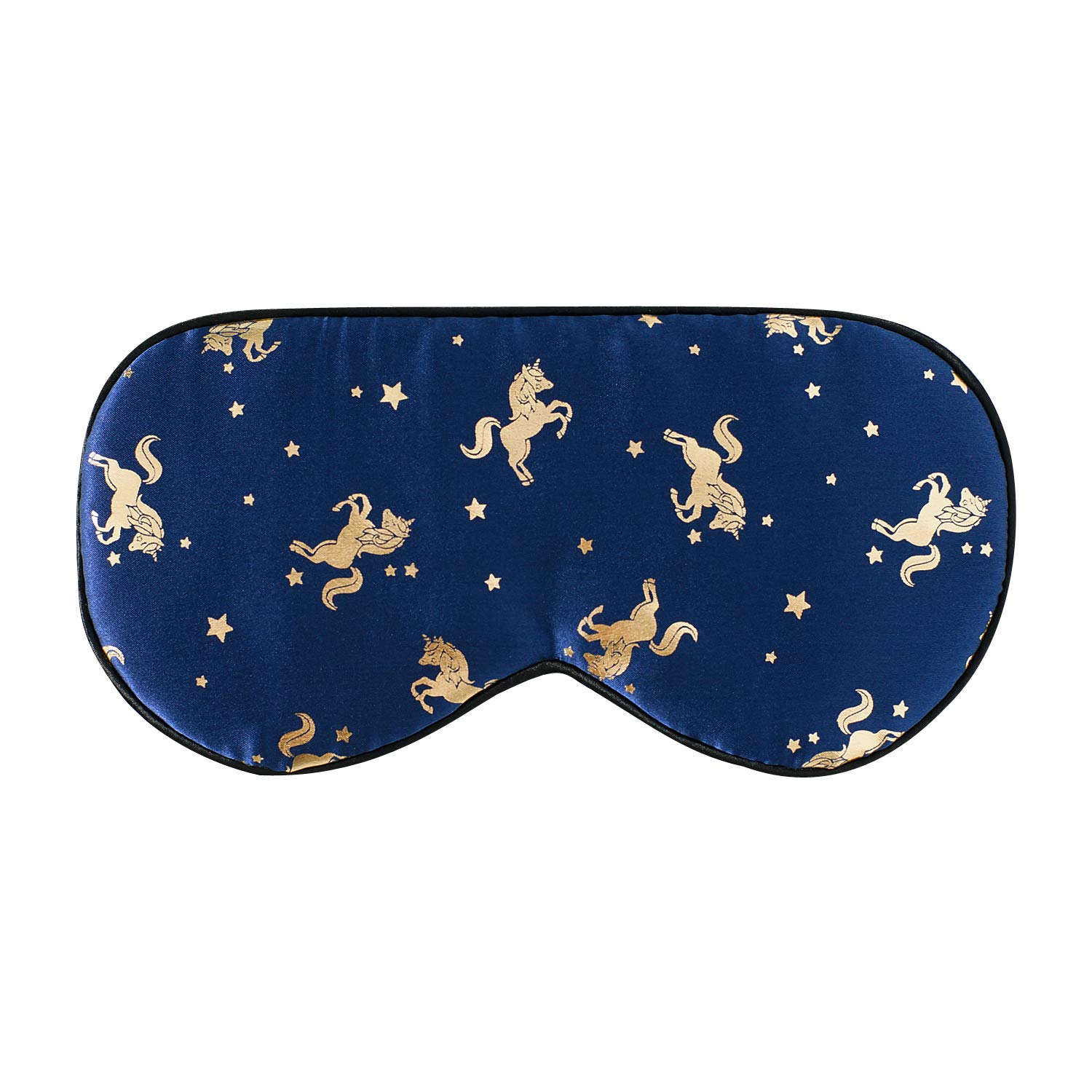 Antifaz para dormir de seda con correa ajustable, cómodo y supersuave (azul con estampado de unicornios dorados)
