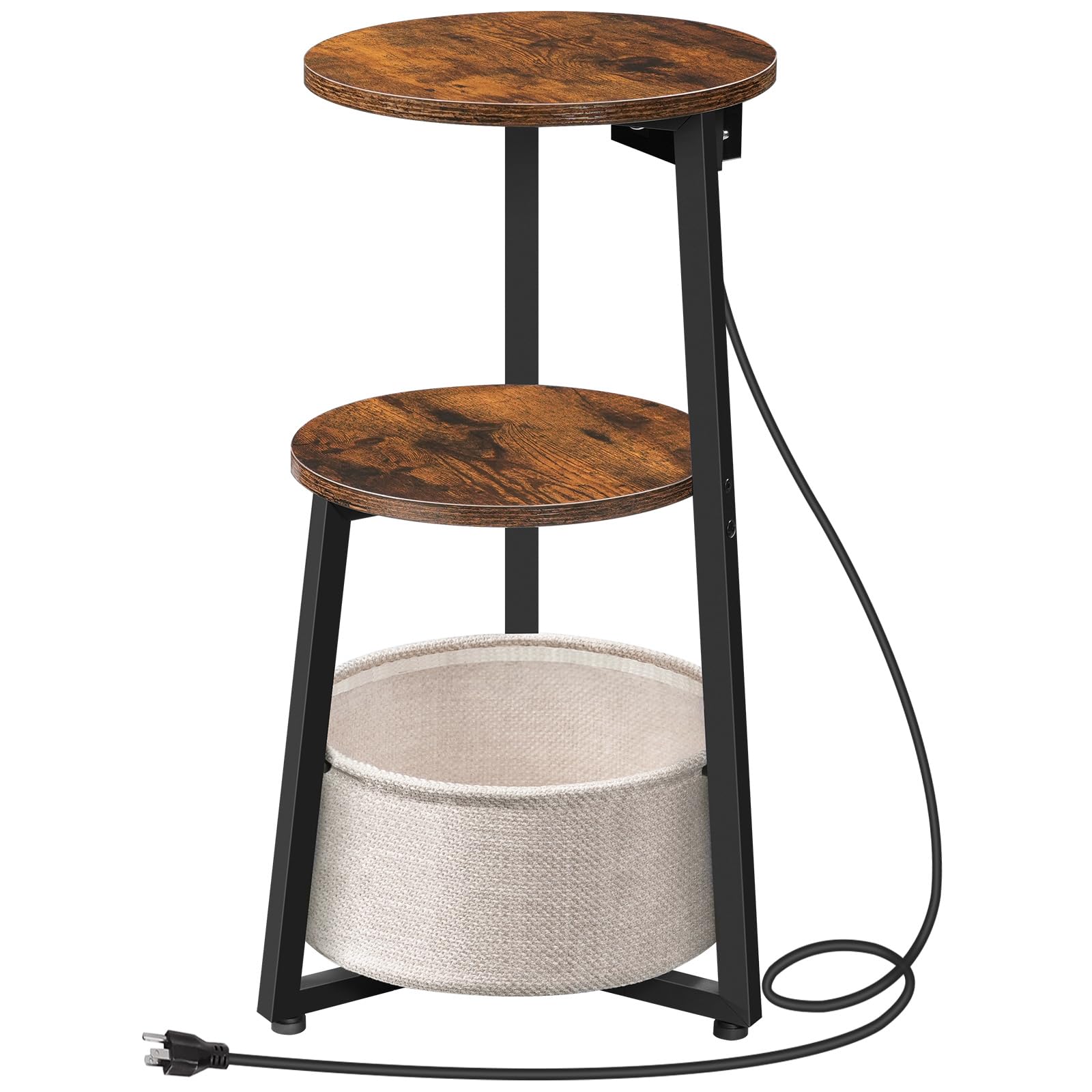 HOOBRO Small Side Table with Charging Station, Round End Accent Table with Fabric Storage Basket, Compact Sofa Bedside Table for Small Space in Living Room, Bedroom, Rustic Brown BF169UBZ01