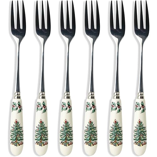 Portmeirion Spode Christmas Tree Pastry Forks (Set of 6), Stainless Steel Cutlery with Porcelain Handles, Dessert Spoons for Holiday Meals, 6-Inch Festive Christmas Flatware - Seasonal Gift Set