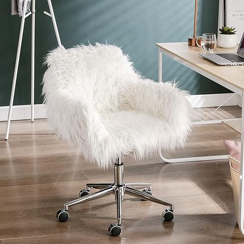 Miniatura 9 de SSLine Silla de tocador de piel sintética, moderna silla de escritorio de maquillaje peludo blanco para niñas y mujeres, elegante y cómoda silla