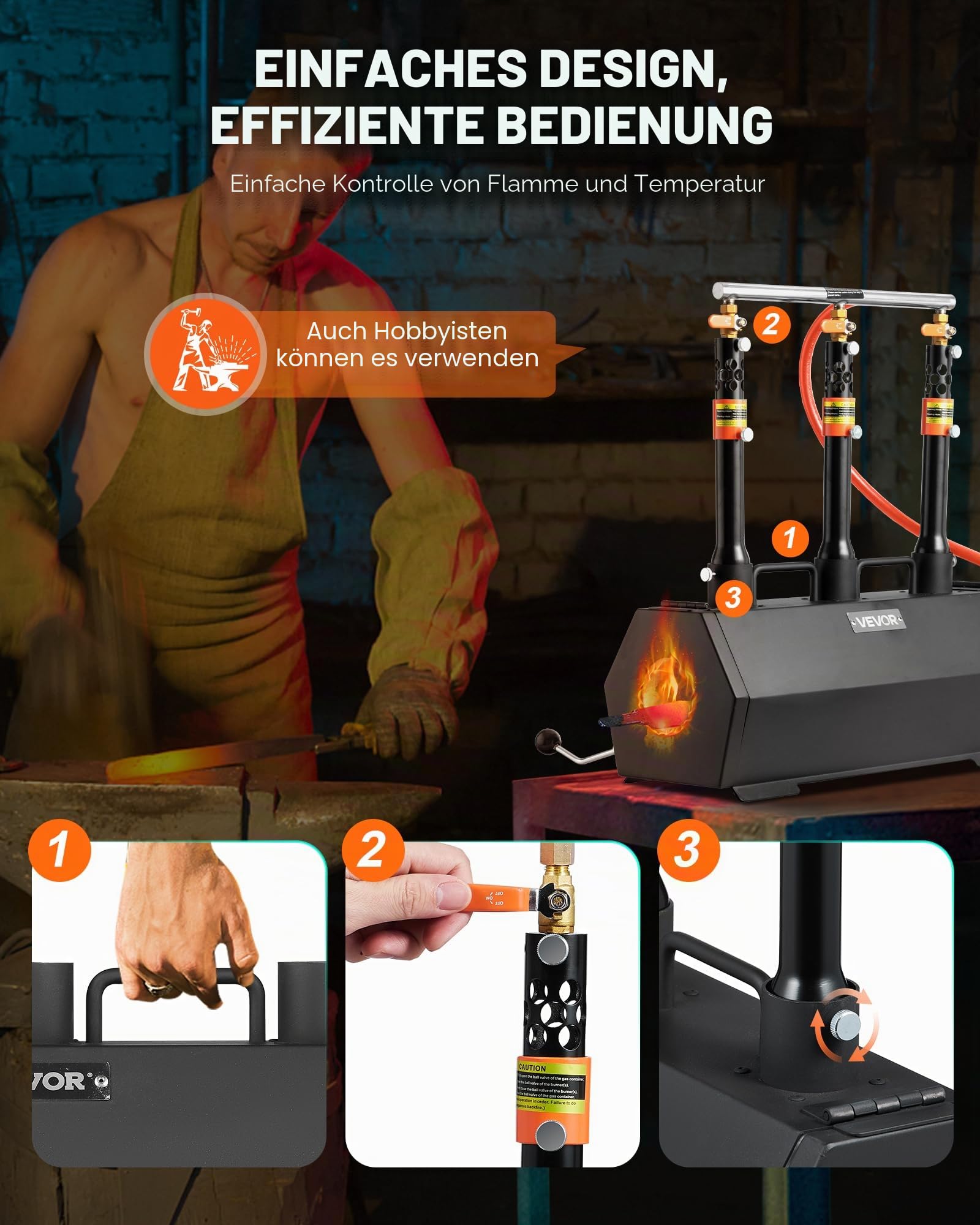 VEVOR Tragbares Propan-Gasschmiedegerät, Schmiedeofen mit 3 Brennern, zur Herstellung von Messern und Metallschmieden, Schmiedemessern, Schmiedemessern, maximale Temperatur von 1427 °C, sechseckig