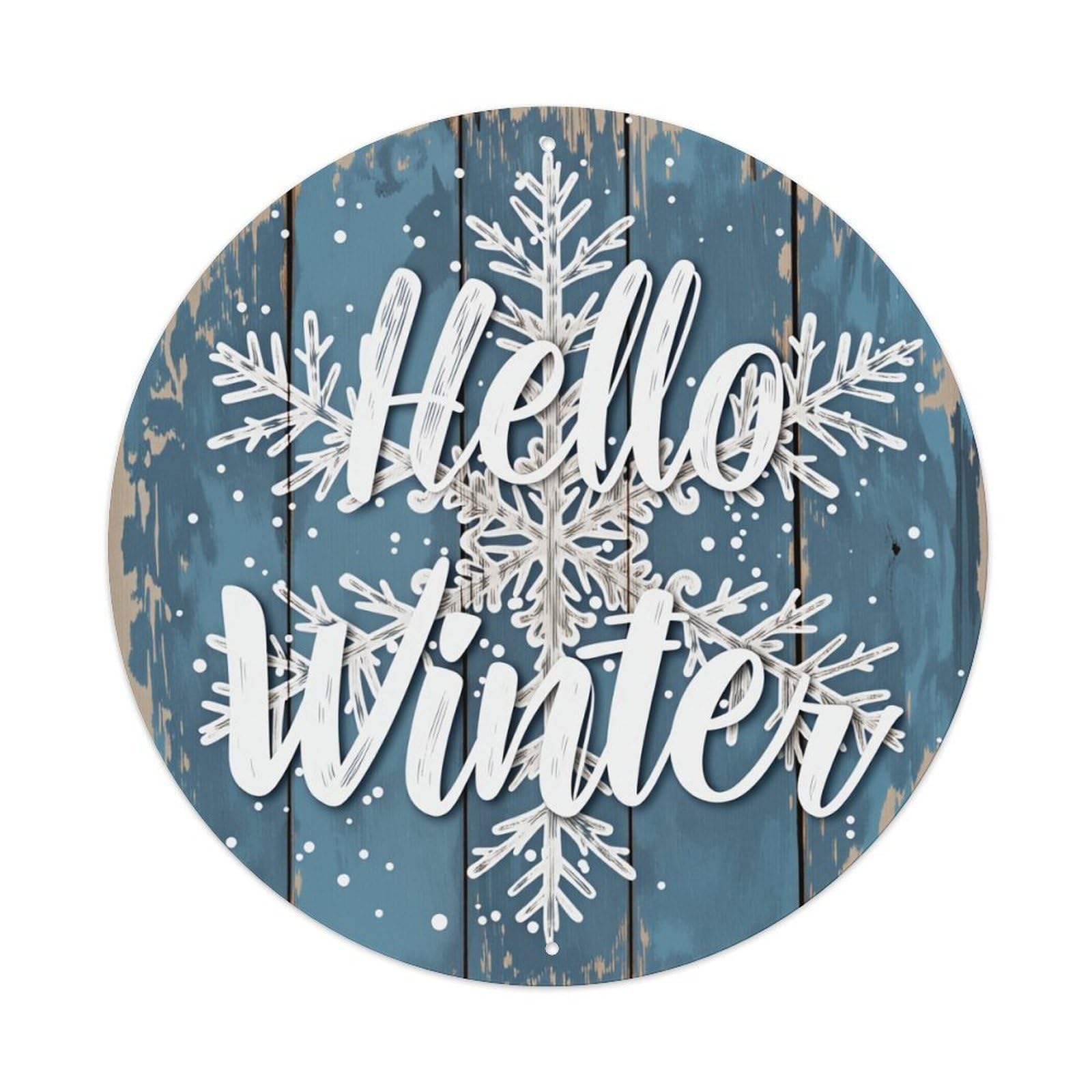 Hello Winter Snowflake Pattern Round Tin Sign Vintage Metal Poster Retro Bar, Home, Man Cave, Kitchen, Laundry Room Wall Art Decor Gift 8x8In