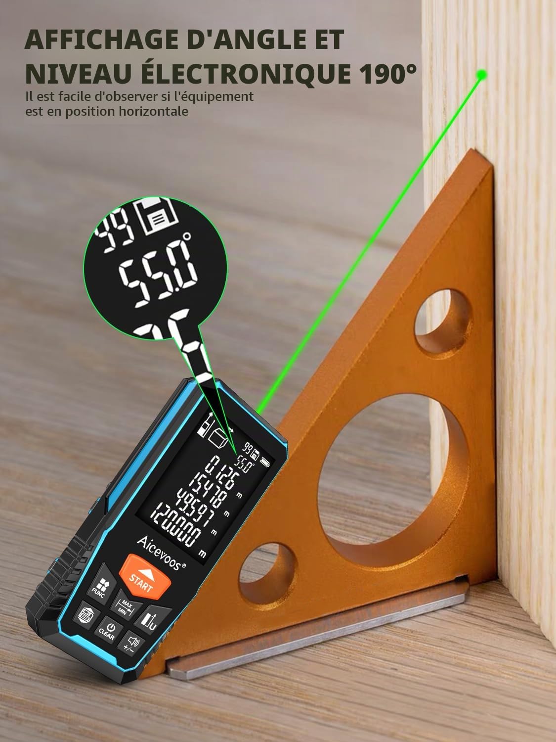 Télémètre Laser, Metre Laser 393ft/120m avec Grand écran avec Rétroéclairage, Niveau numérique, Commutation d’unité M/in/ft, Telemetre Laser, Faisceau Vert