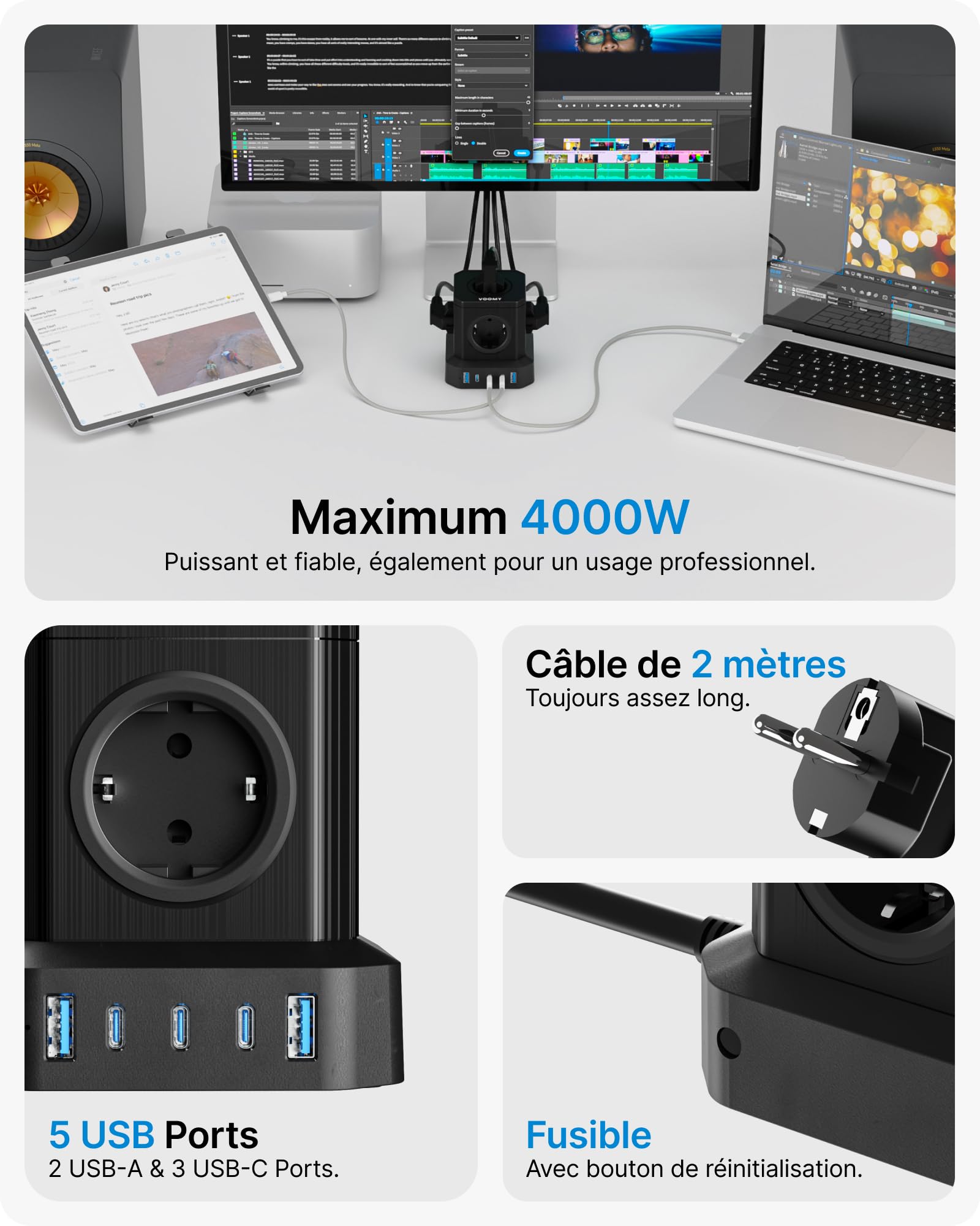 Voomy Prise USB Secteur 65W Multiple Cube, 10 en 1 Mulitpreses ET Chargeur USB Rapide 65W avec 5 Sortie AC 4000W, Bloc Porte avec 3 USB C ET 2 Ports USB, Prise Electrique Idéal pour Bureau, Noir