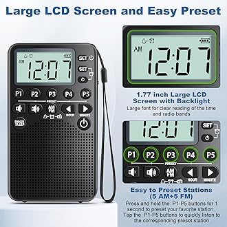 Battery Operated Portable Pocket AM/FM Radio | Digital Tuning, Loud Speaker, Excellent Reception | Portable Emergency & Outdoor Radio with LCD Screen, Alarm Clock, Preset, Sleep Timer, Snooze