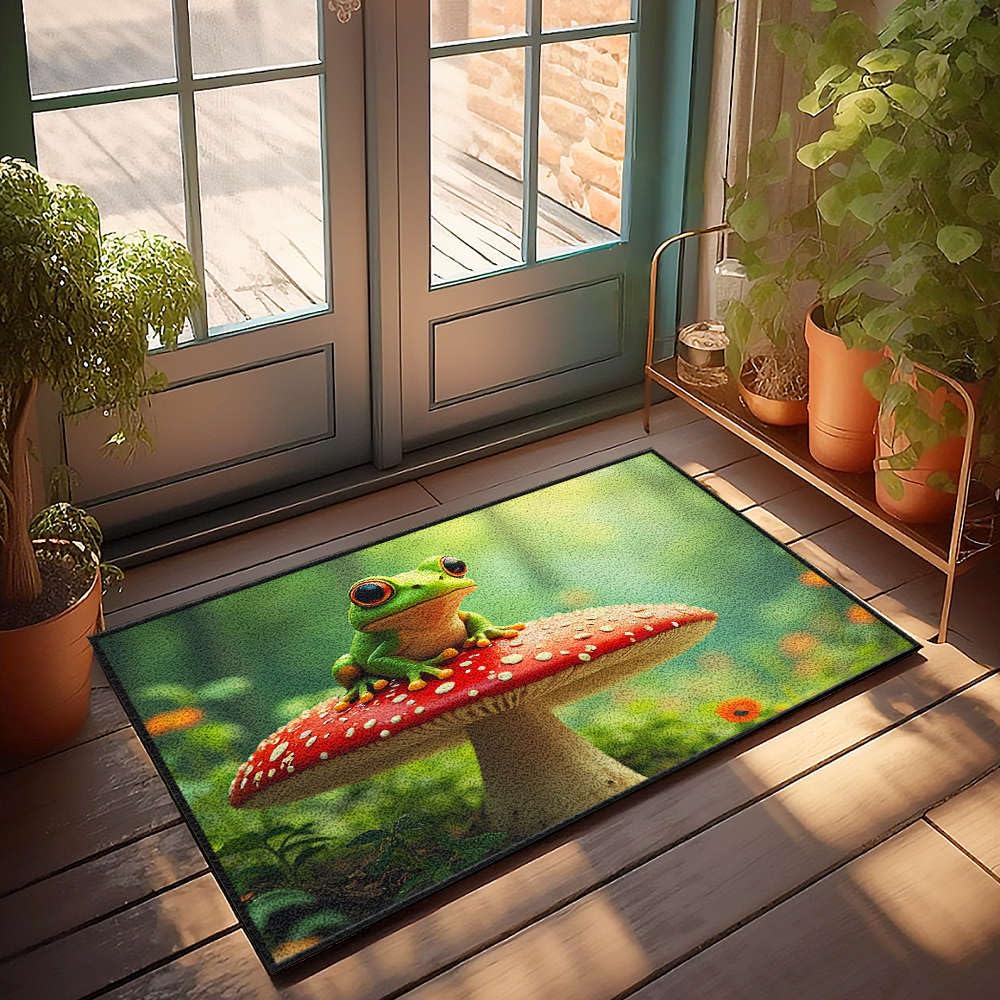 Paillasson grenouille et champignon rouge 50x80cm antidérapant pour entrée
