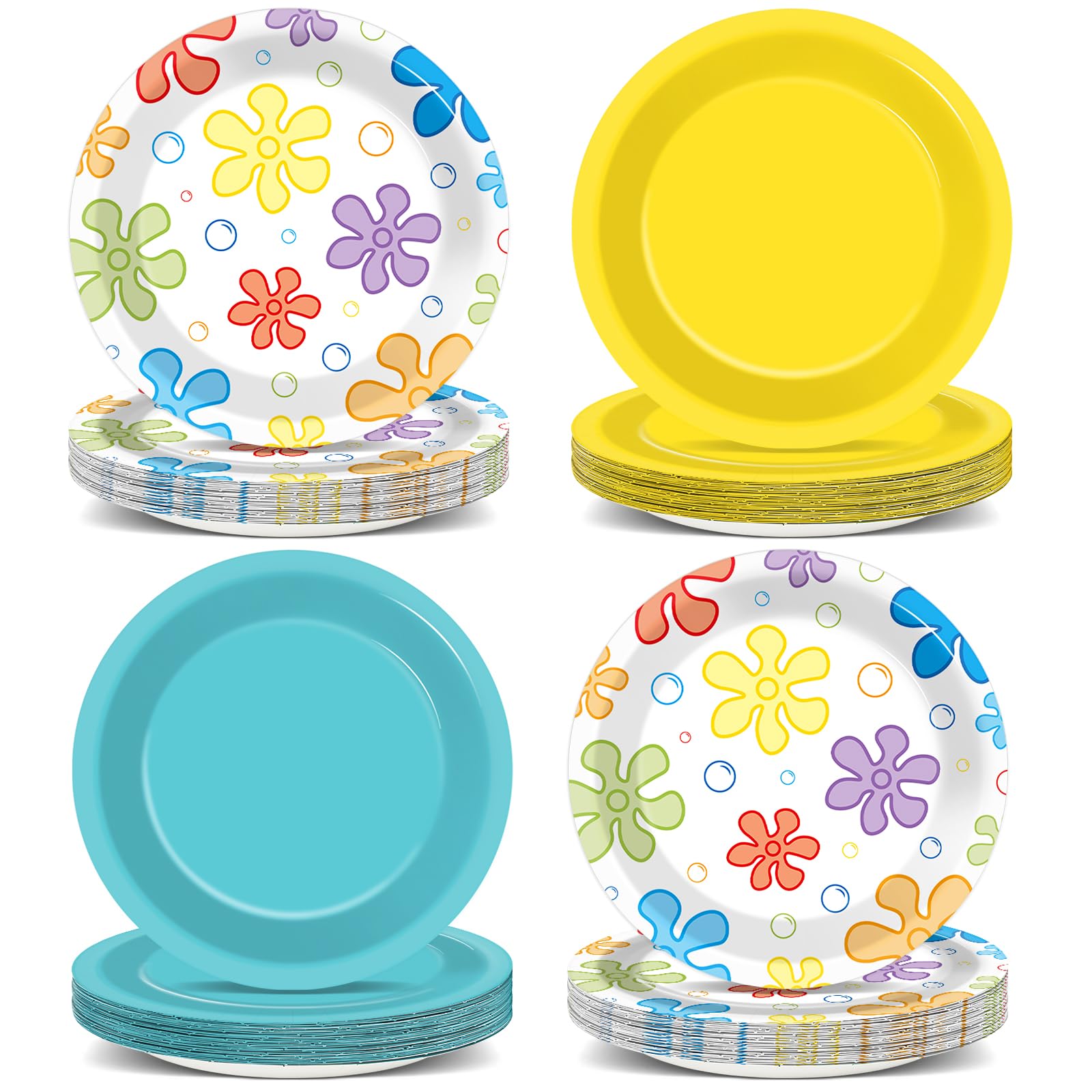 48Pcs Yellow Cartoon Birthday Party Supplies Bikini Flower Party Bubble Paper Plates Yellow Cartoon Plates Under the Sea Dinnerware Tableware for