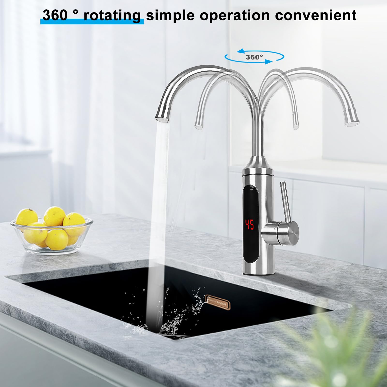 Robinet avec chauffe-eau instantané 3300 W, robinet de chauffage électrique, robinet de cuisine instantané, avec affichage de la température LED et pivotant à 360°