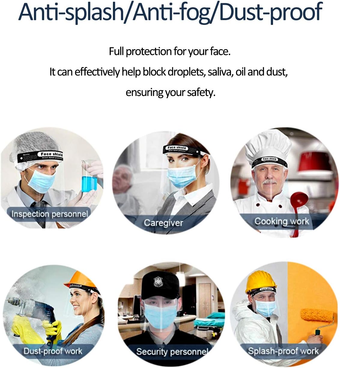 Protective Face Shield 5 Pack, Waterproof Dustproof Full Face Shield with Clear Wide Visor, Reusable Safety Face Shield with Comfortable Sponge and Elastic Band, Vacuum Packaged