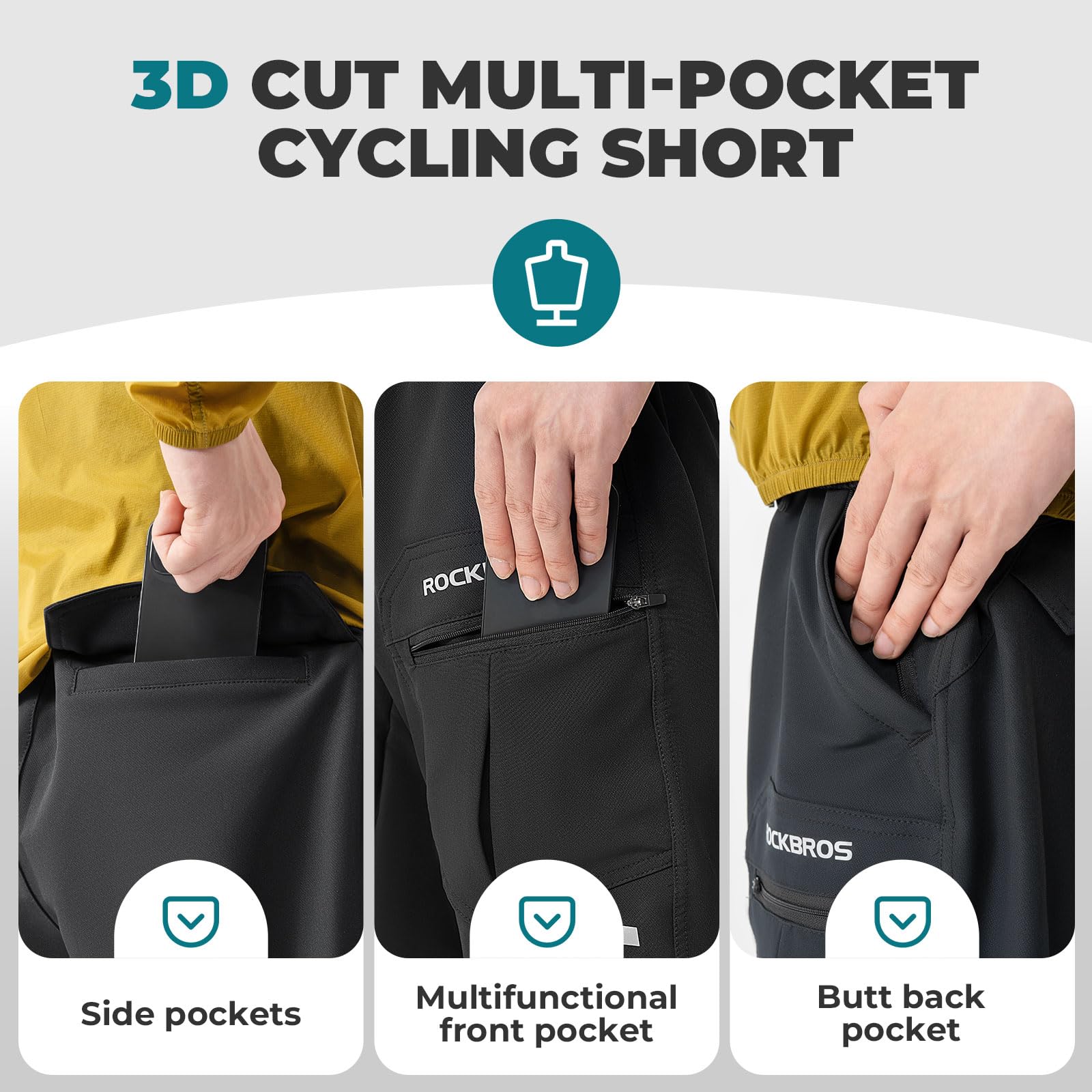 ROCKBROS Pantalones Cortos de Ciclismo para Hombre, Culotte Ciclismo Desmontable Transpirable Multifuncional Verano con Bolsillos 4D Acolchado para MTB, M-4XL