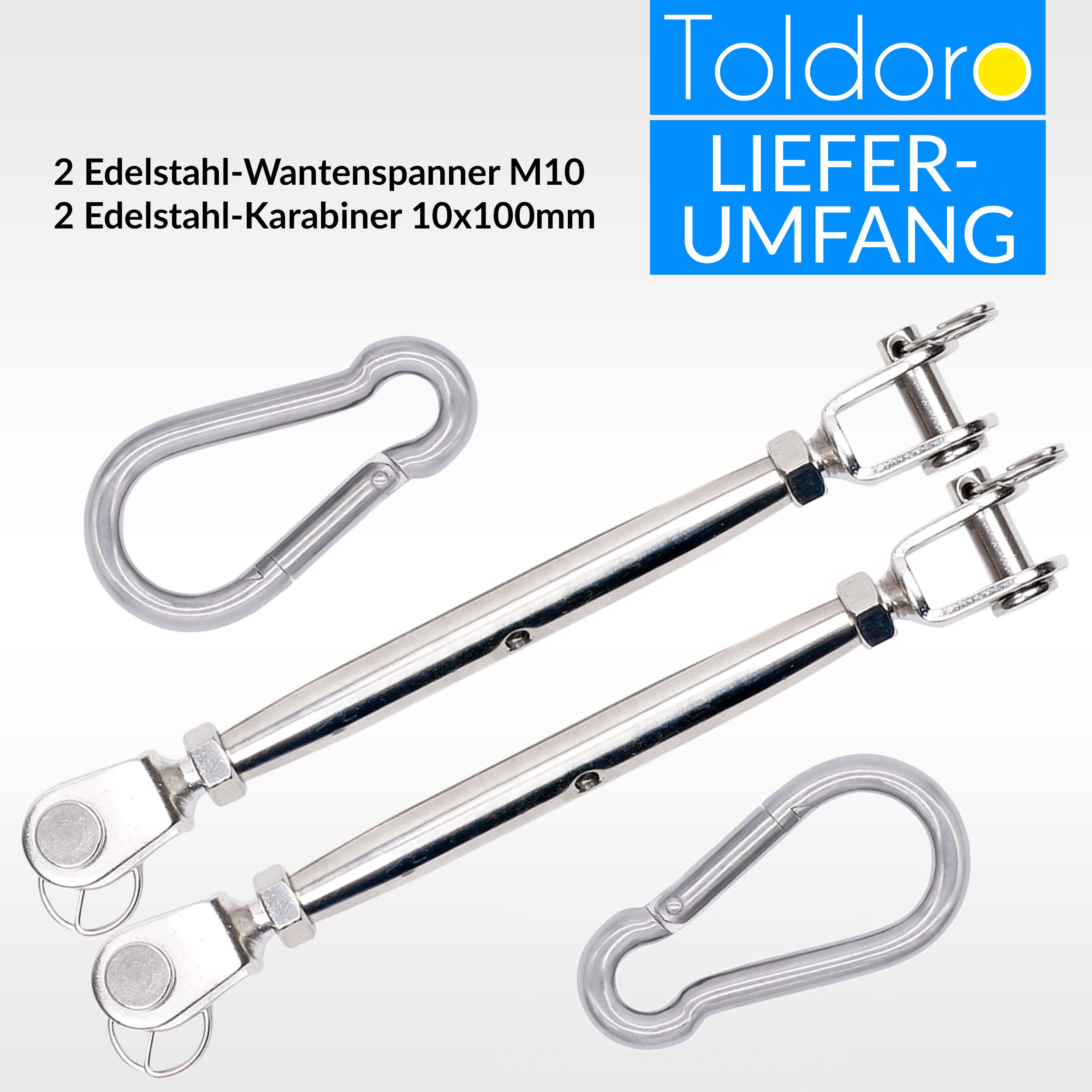 Toldoro® 4X Sonnensegel Spanner/Wantenspanner Edelstahl/rostfreie Sonnensegel Befestigung / 4X Seilspanner Sonnensegel M10 & 4 Karabiner 