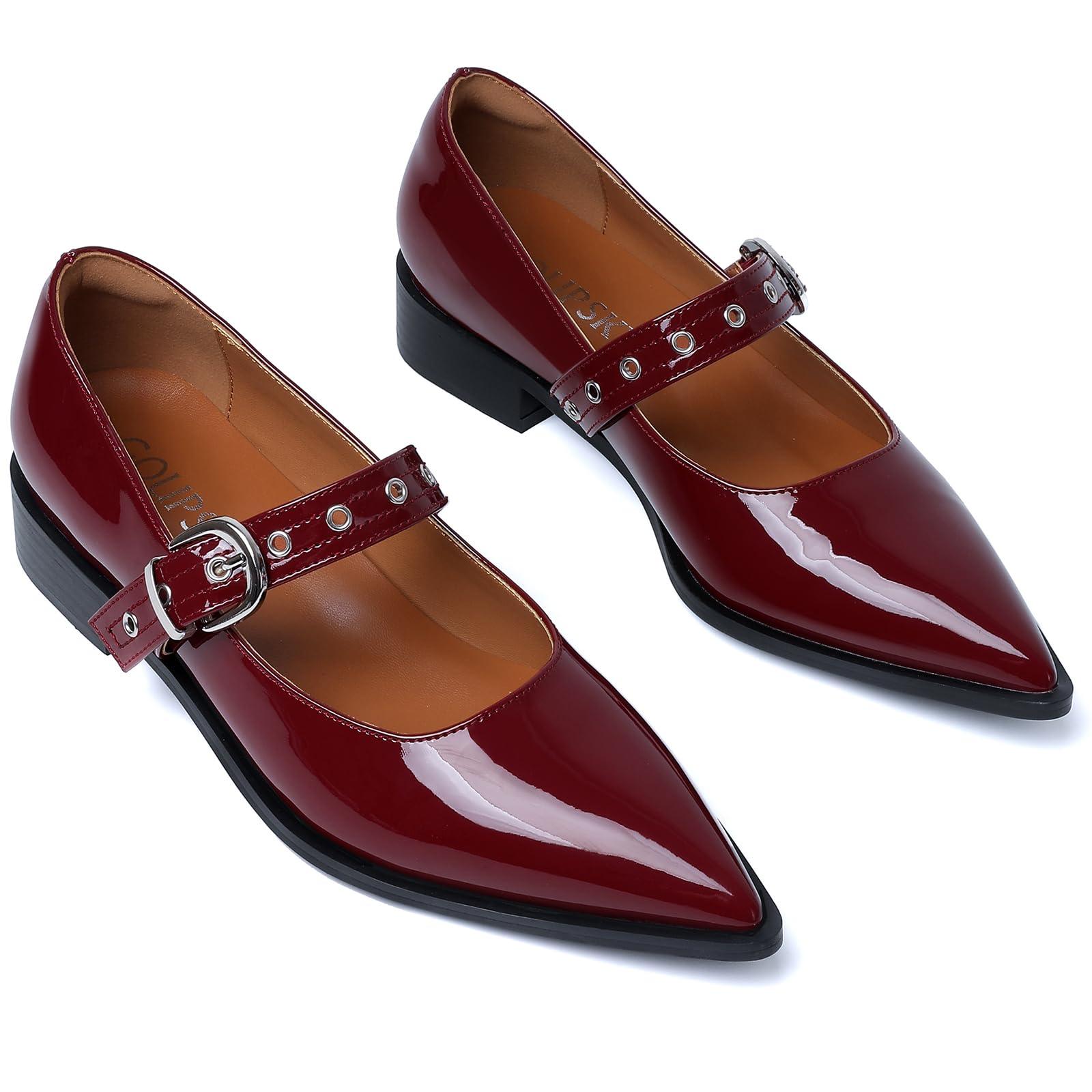 GOUPSKY Mary Jane Shoes Women Chunky Low Heels Buckle Strap Pumps Womens Closed Pointed Toe Ballet Flats Causal Daily Dress Shoes