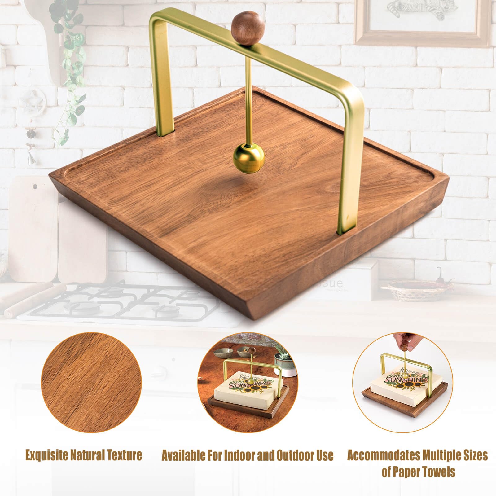 Servilletero de madera para mesa, dispensador de servilletas cuadrado con sofisticada barra central de metal, servilletero de cóctel para el hogar, cocina, oficina, restaurante, hotel, cafetería, bar