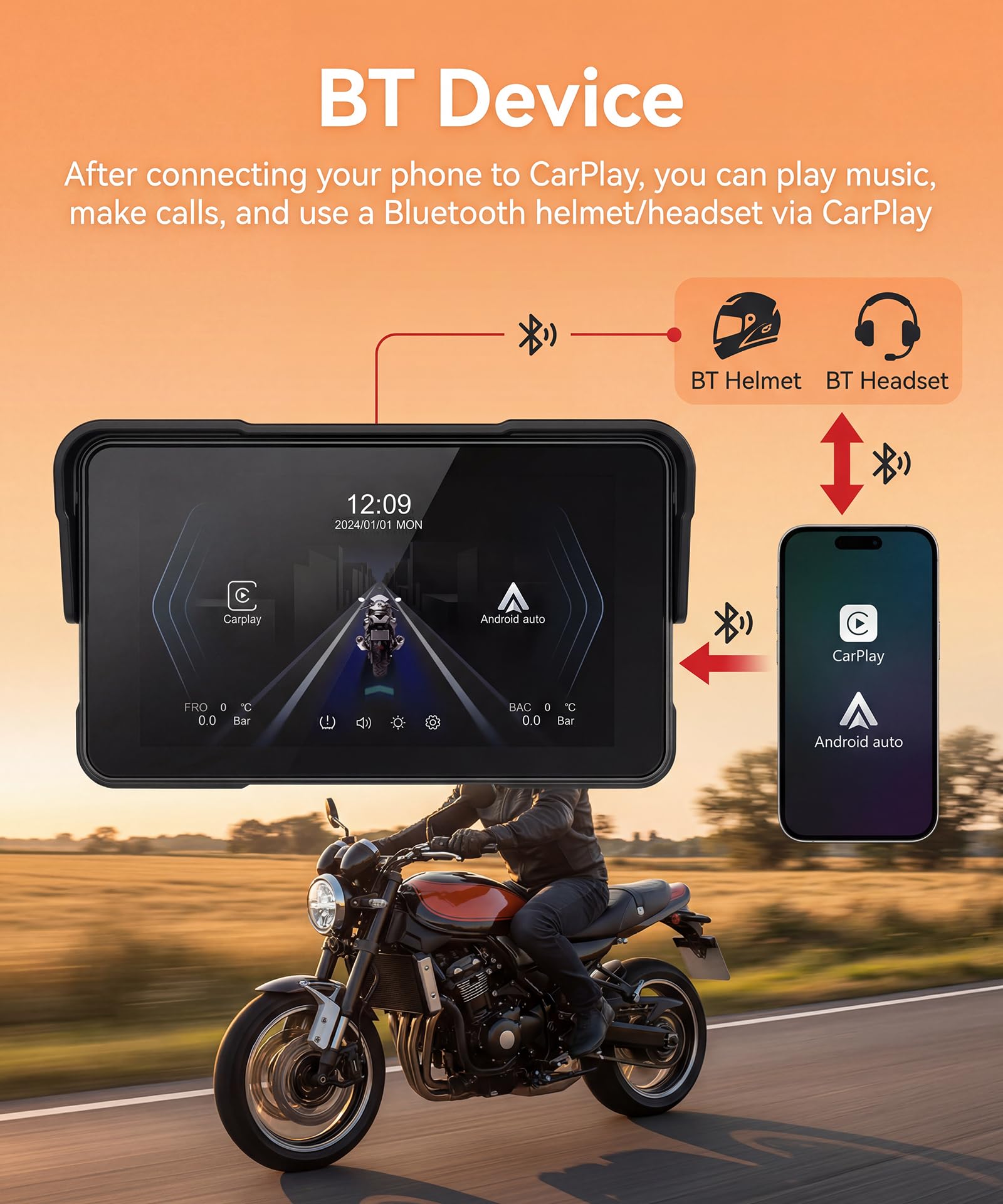 Rimoody Motocyklowy wyświetlacz CarPlay 5" z kontrolerem kierownicy, zdejmowany stojak, bezprzewodowy wyświetlacz CarPlay i Android Auto do motocykli, bezprzewodowe radio samochodowe CarPlay
