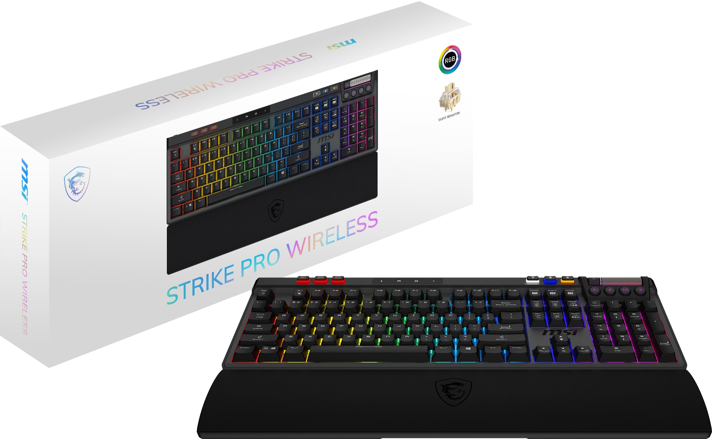 MSI Strike Pro Wireless ES, QWERTY, ES Layout - Teclado Gaming mecánico silencioso, interruptores táctiles silenciosos, Hot-Swap, Teclas PBT, 2.4GHz, Bluetooth, luz mística RGB por tecla, 4200mAh