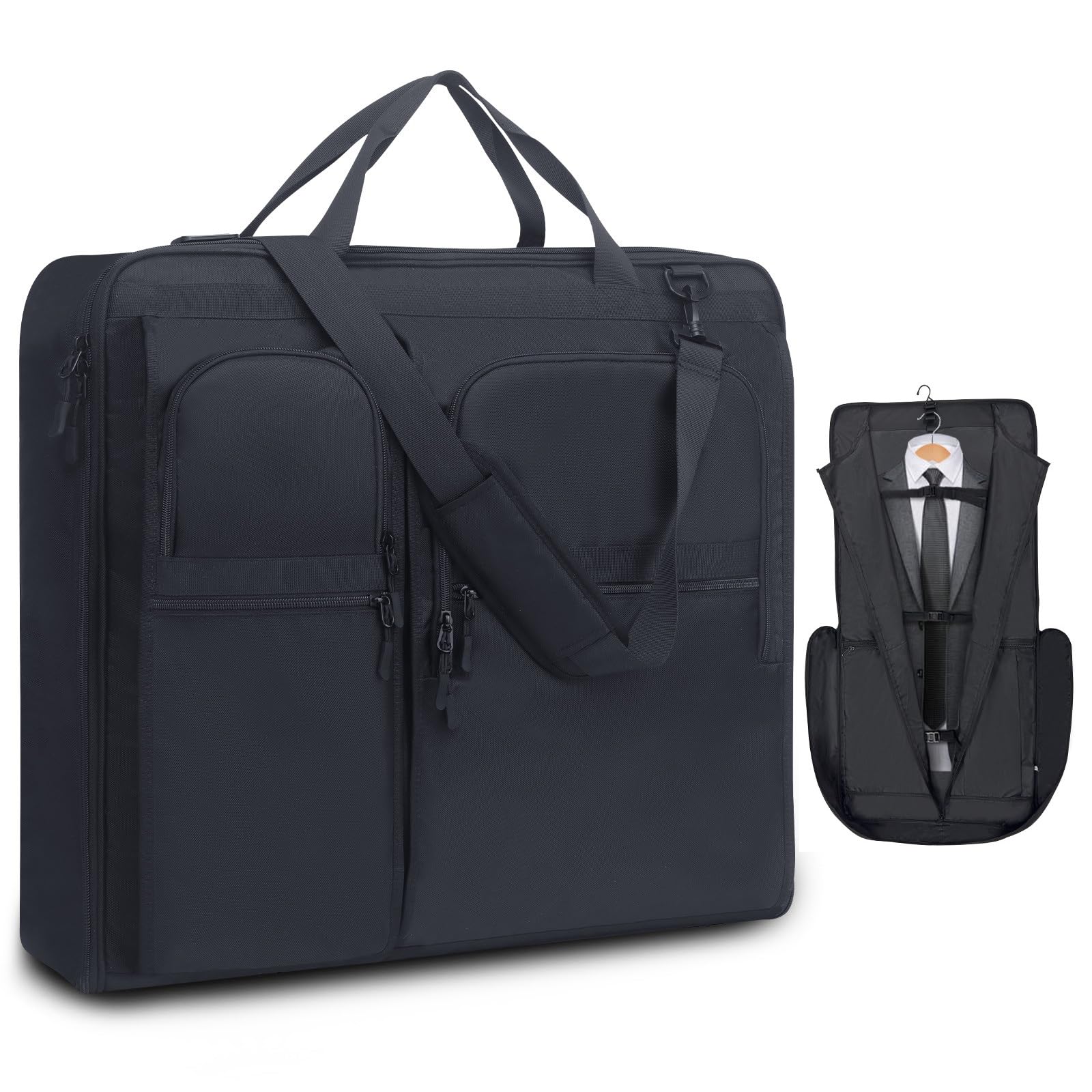 [lovvento] 16インチPC対応 ガーメントバッグ スーツバッグ メンズ 大容量 スーツ3着対応 3way 手提げ 斜め掛け スーツケースに固定可能 2泊3泊 撥水加工 ビジネス 出張 出勤 冠婚葬祭 ショルダーベルト付き 35L 7ポケット (ブラックB, 16インチPC対応)