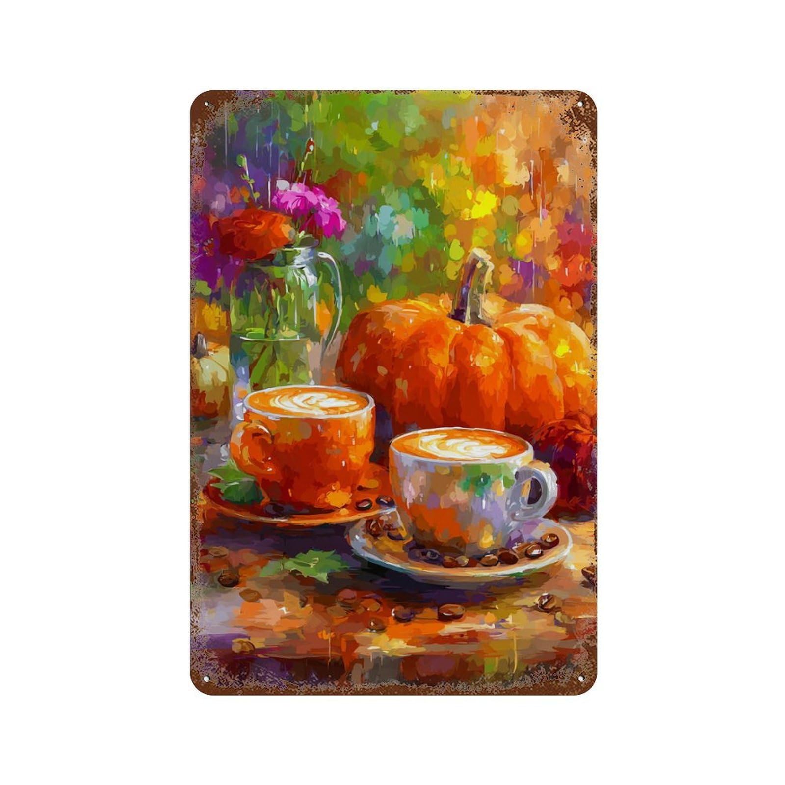Garage Style Autumn Pumpkin Latte Art Distressed Metal Wall Sign 11.8"x7.9", Classic Wall Plaque for Bar And Workshop