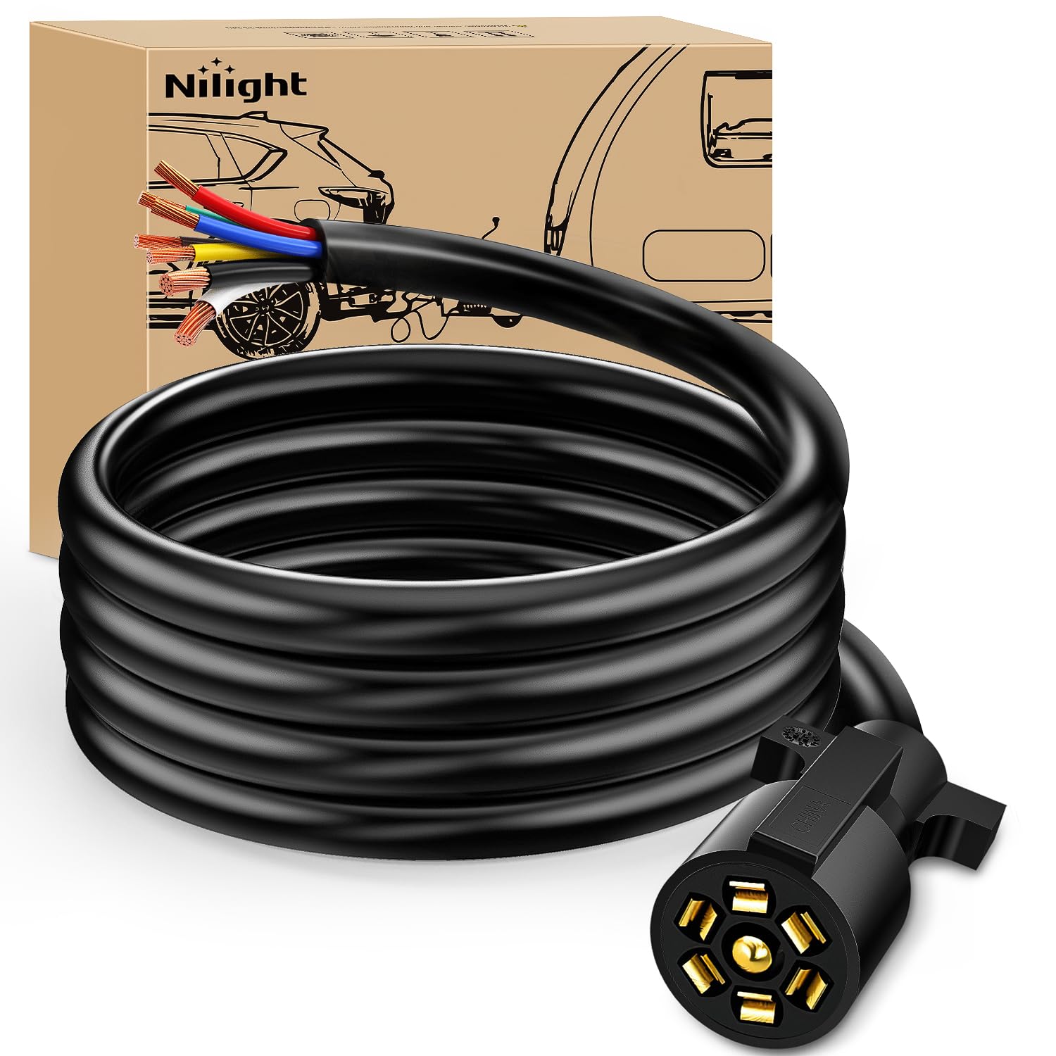Nilight 50049R 7Way 8 Feet Heavy Duty 7 Way Plug Inline Trailer Cord for Truck Camper Blade Molded RV Cable Wire Weatherproof & Corrosion Resistant-8FT,2 Years Warranty