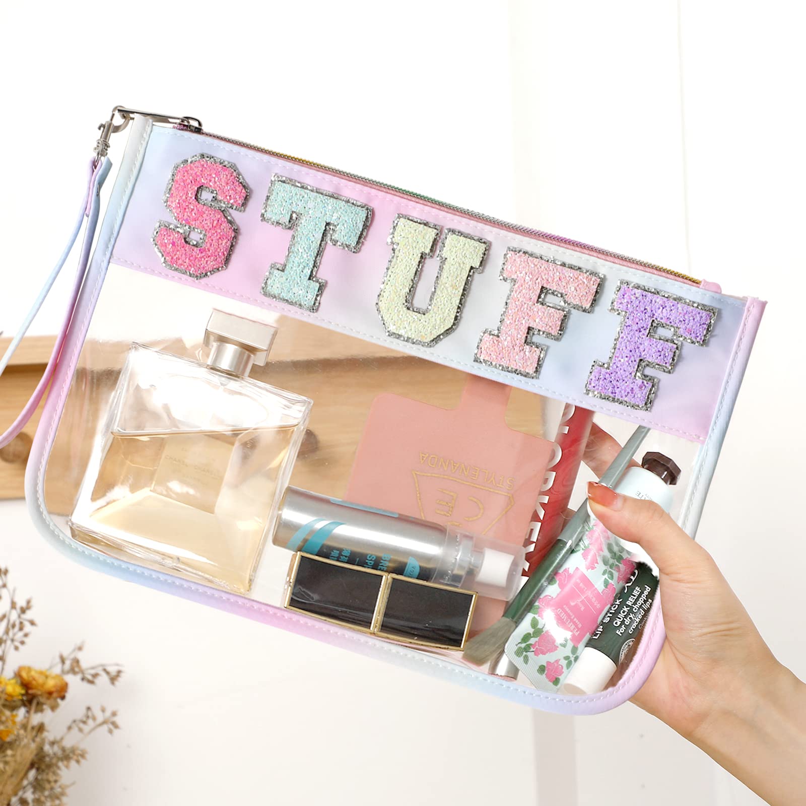 DYSHAYEN Bolsa de Chenilla Transparente con Cremallera para Viajes, Bolsa de cosméticos Transparente de Nailon, Bolsa de Viaje de Maquillaje para Mujer