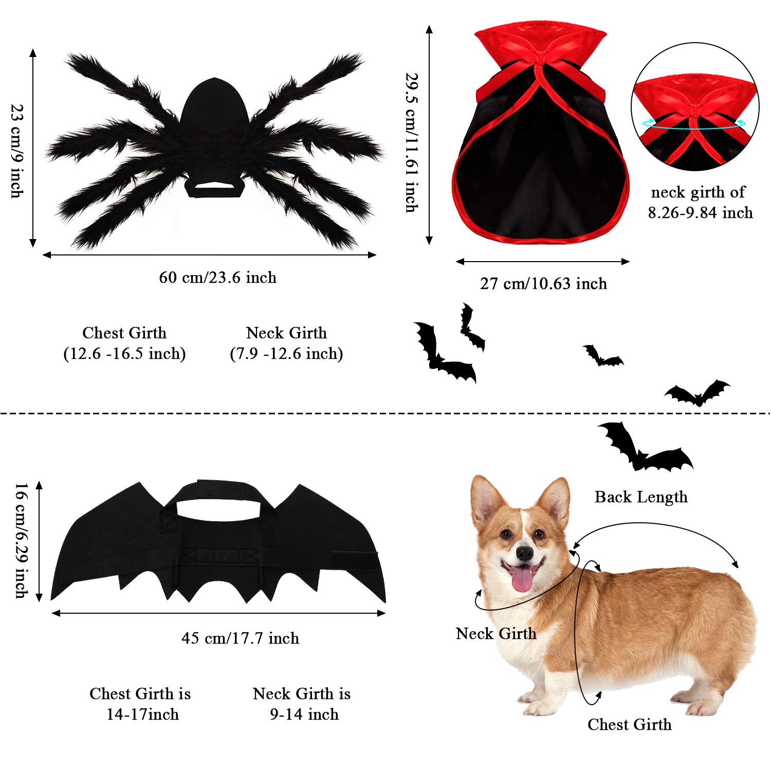 3 Set Costumi per Cani Gatto di Halloween, Ali Pipistrello da Animale Mantello Vampiro Strega Imitazione Gigante Ali di Ragno Accessori Cosplay Costume Animali Halloween Decor Ala per Cani Gatti