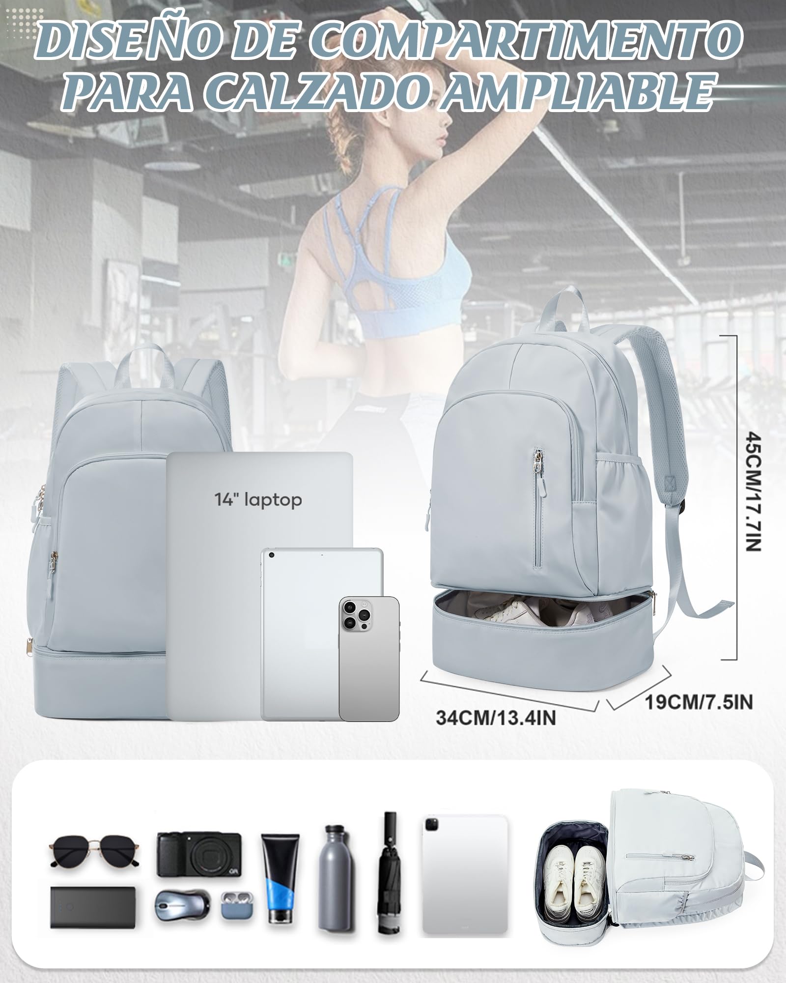 suradar Mochila Deporte Mujer, Mochila de Gimnasio para Mujer con Compartimento para Zapatos, Viaje, Deportiva Bolsa de Gimnasio Natación Yoga Azul Claro